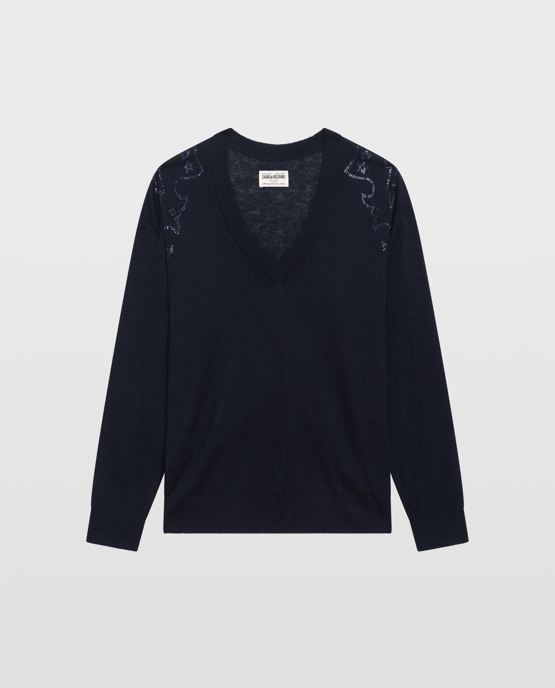 Imagen 6 de Jersey de mujer 100% cachemira de cuello en v de manga larga oversize con strass - Zadig & Voltaire - Azul marino Azul marino