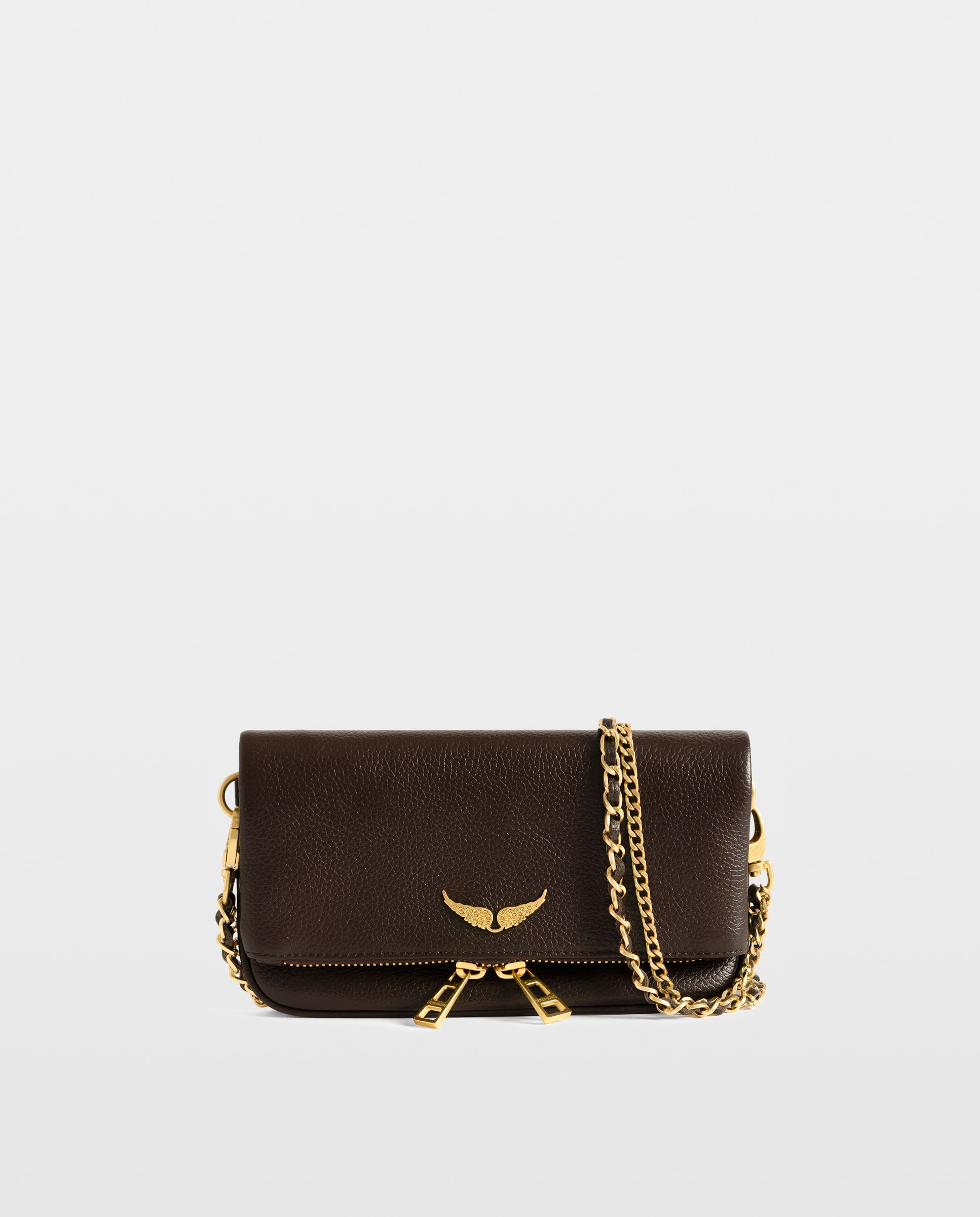 Bolso mini de mano rock de cuero granulado con cadenas y strass - Zadig & Voltaire - Marrón oscuro Marrón oscuro-1