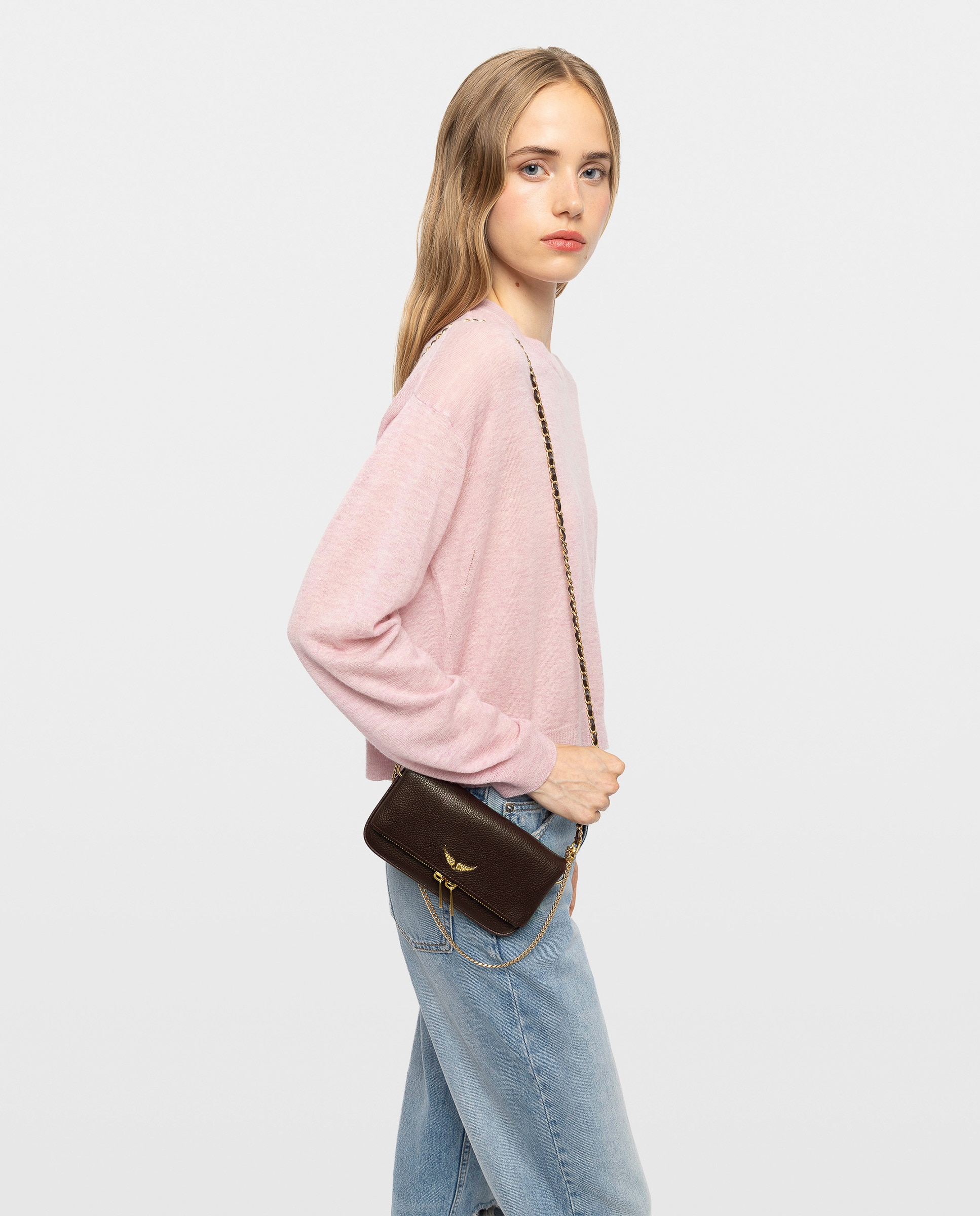 Bolso mini de mano rock de cuero granulado con cadenas y strass - Zadig & Voltaire - Marrón oscuro Marrón oscuro-3
