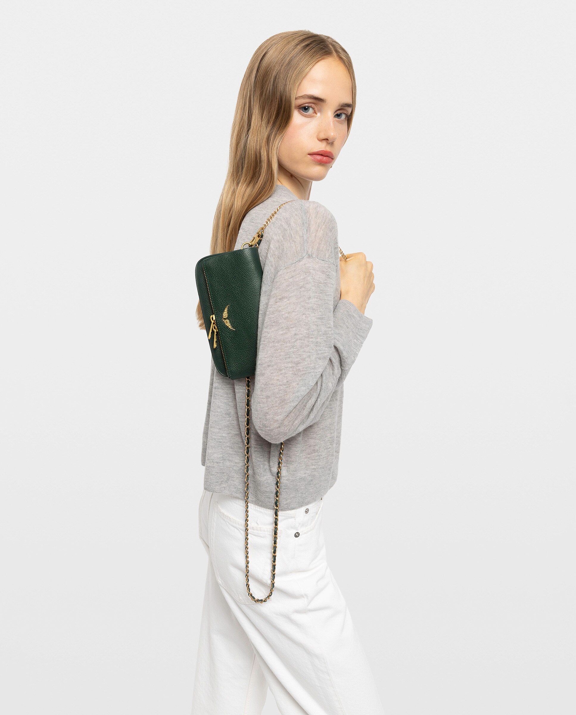 Bolso mini de mano rock de cuero granulado con cadenas y strass - Zadig & Voltaire - Verde oscuro Verde oscuro-3