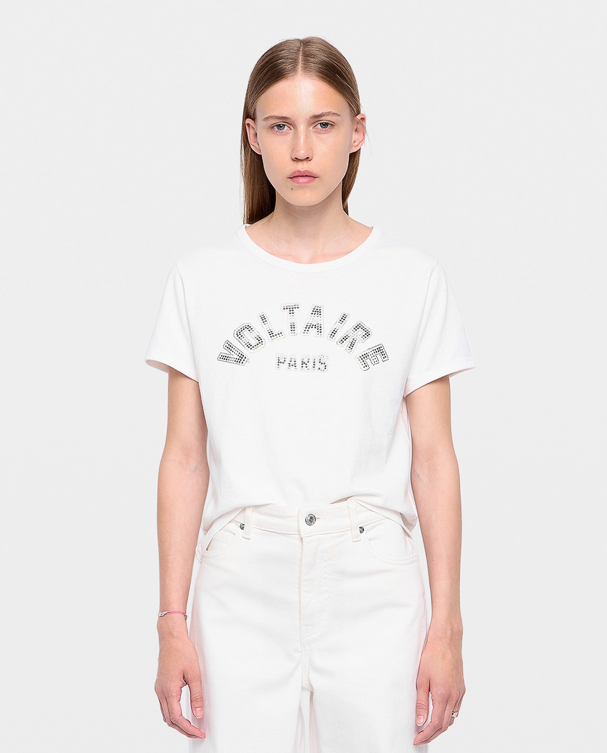 Camiseta de mujer de cuello redondo y mangas cortas de algodón con strass - Zadig & Voltaire - Blanco Blanco-1