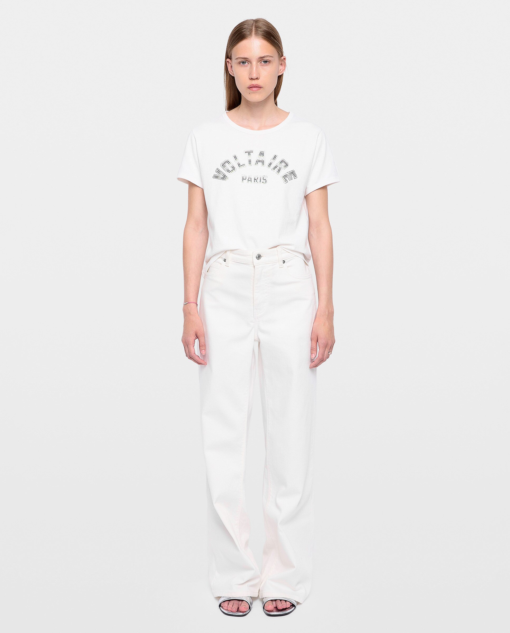 Camiseta de mujer de cuello redondo y mangas cortas de algodón con strass - Zadig & Voltaire - Blanco Blanco-3