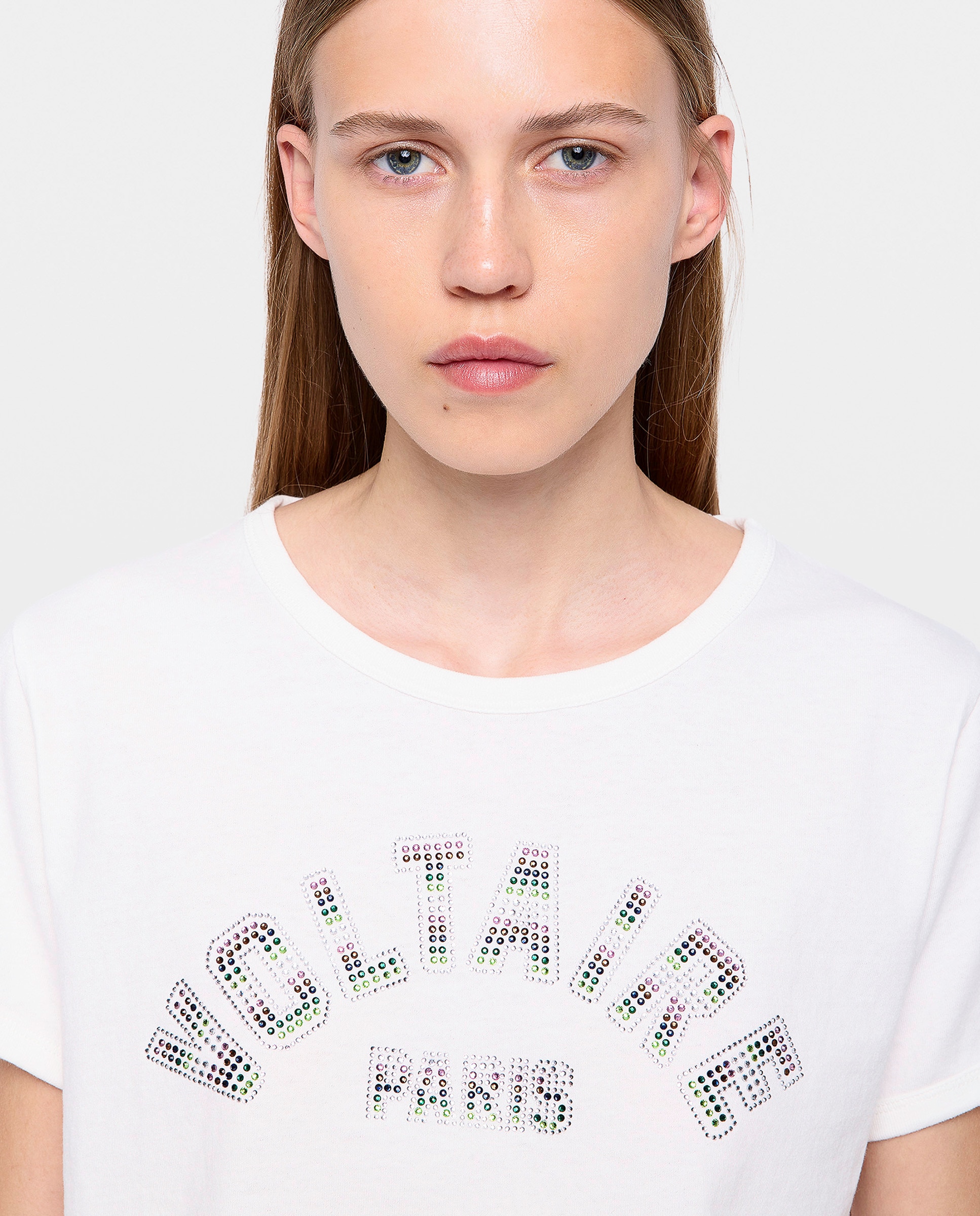 Camiseta de mujer de cuello redondo y mangas cortas de algodón con strass - Zadig & Voltaire - Blanco Blanco-4