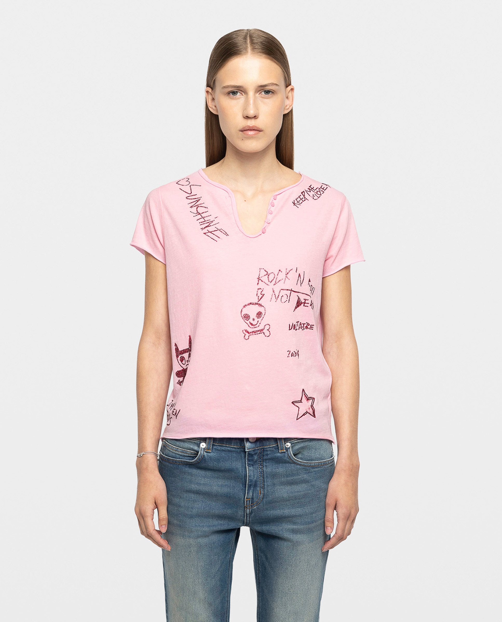 Zadig & Voltaire - Camiseta tunecina de mujer de manga corta de algodón con estampado y strass.