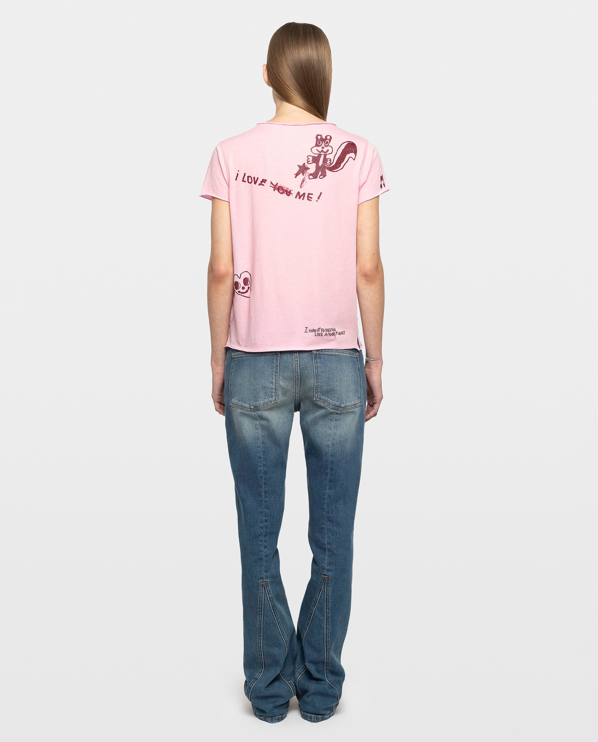 Camiseta tunecina de mujer de manga corta de algodón con estampado y strass - Zadig & Voltaire - Rosa pastel Rosa pastel-2