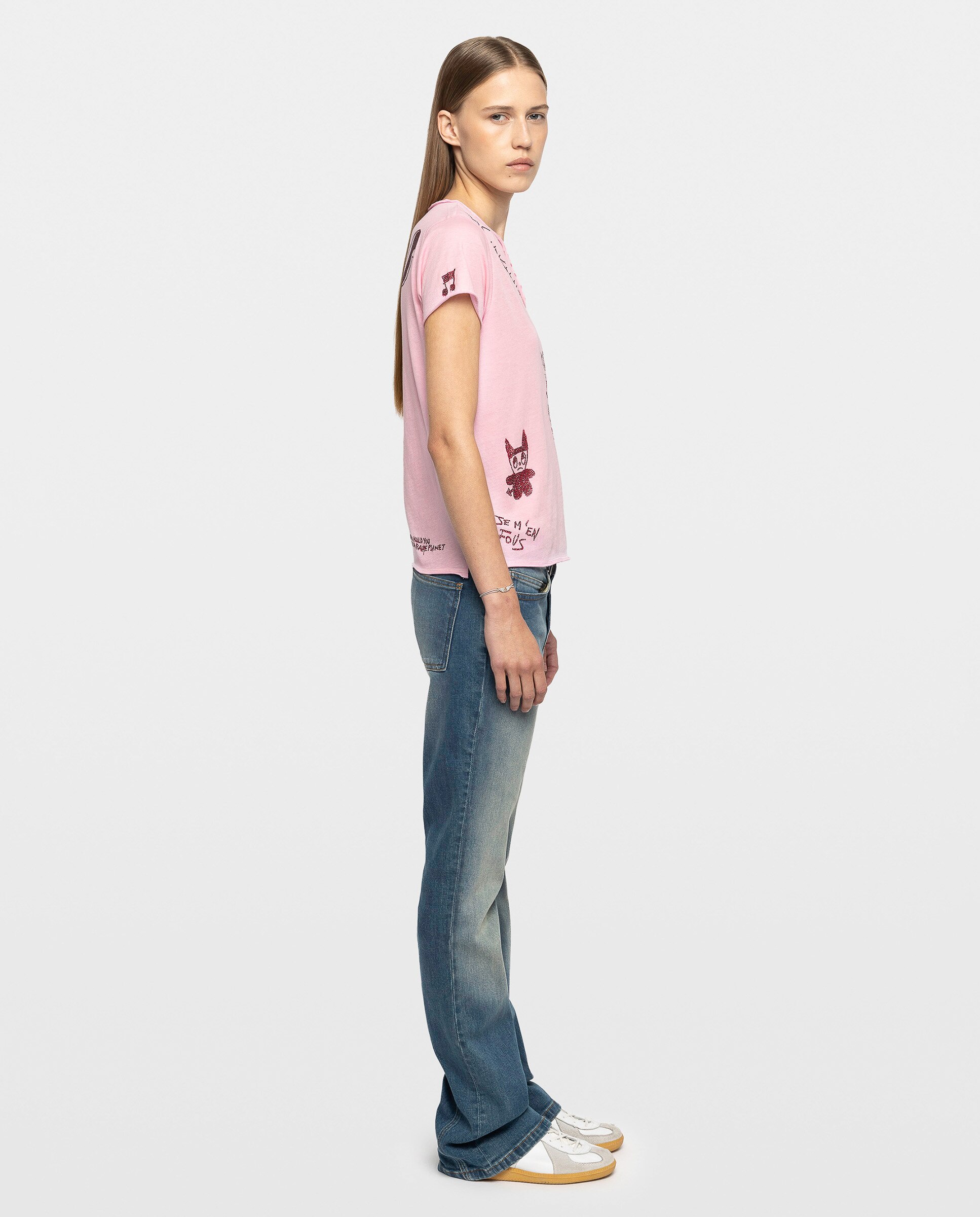 Camiseta tunecina de mujer de manga corta de algodón con estampado y strass - Zadig & Voltaire - Rosa pastel Rosa pastel-3