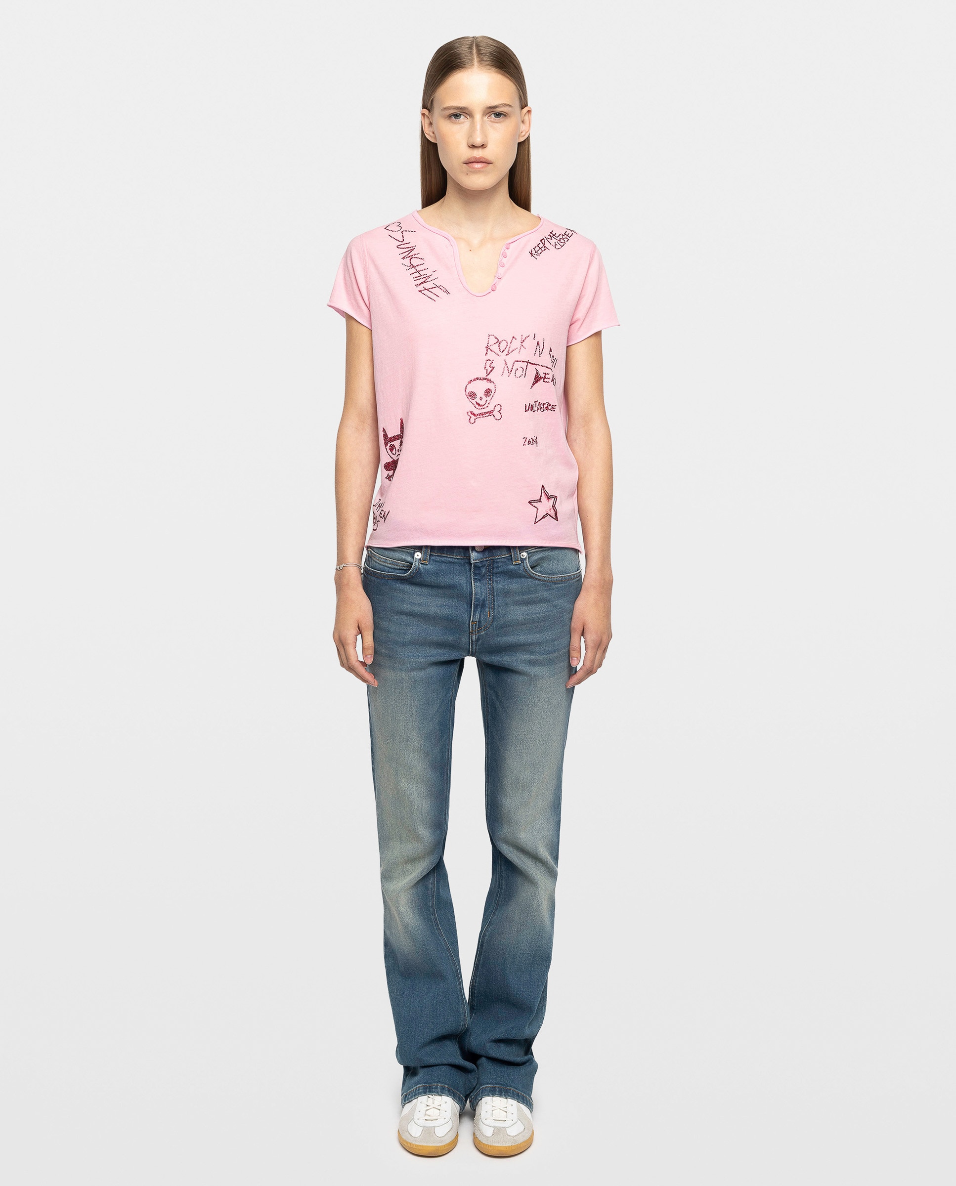 Camiseta tunecina de mujer de manga corta de algodón con estampado y strass - Zadig & Voltaire - Rosa pastel Rosa pastel-4