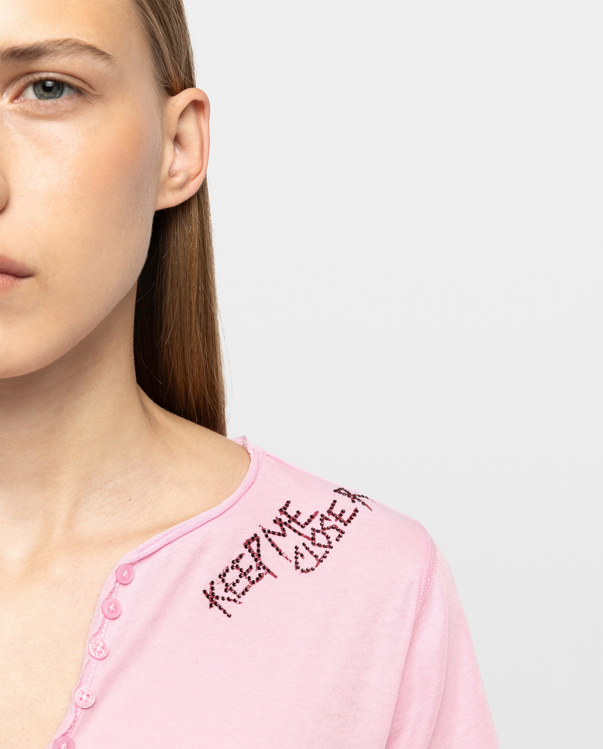 Camiseta tunecina de mujer de manga corta de algodón con estampado y strass - Zadig & Voltaire - Rosa pastel Rosa pastel-5