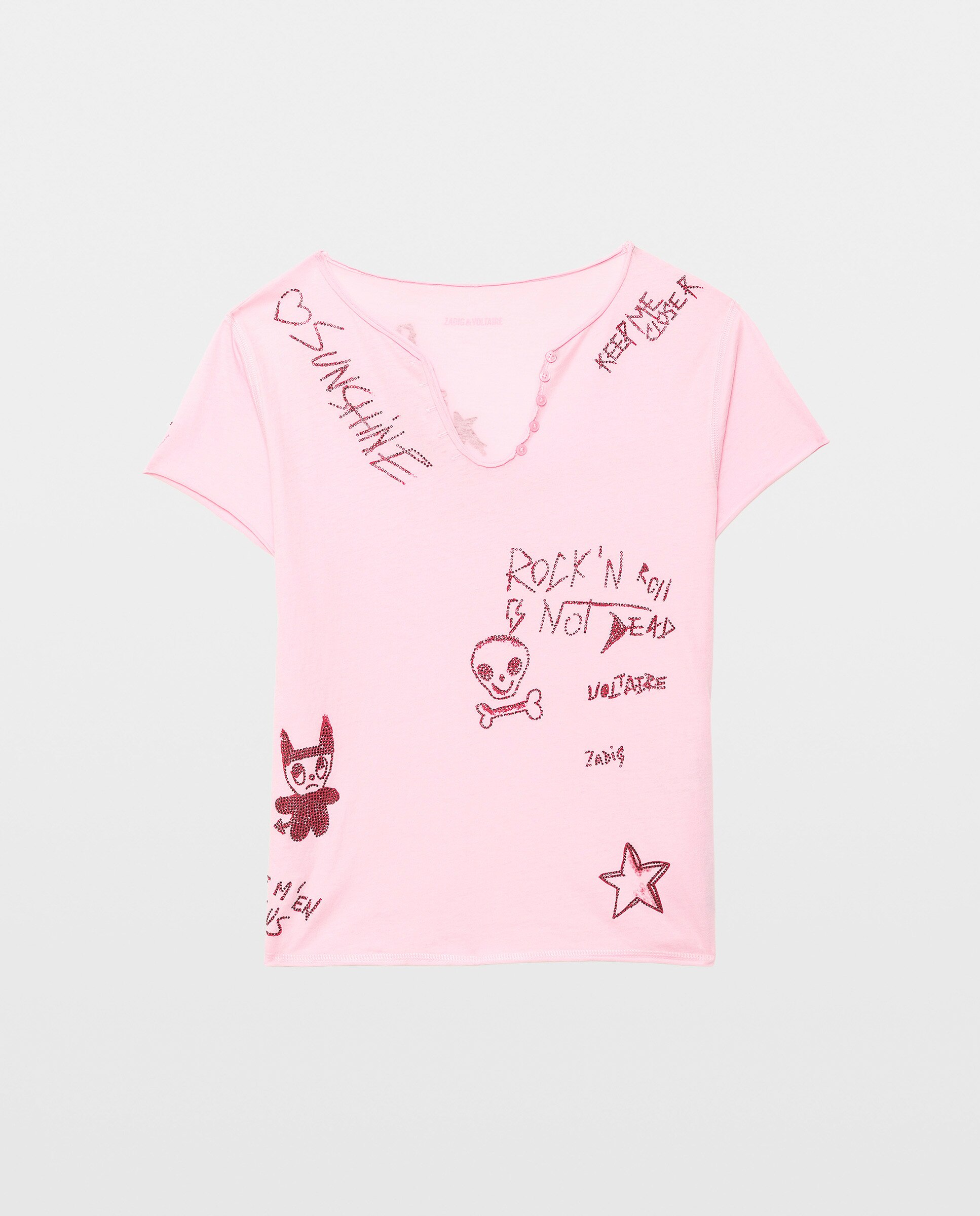 Camiseta tunecina de mujer de manga corta de algodón con estampado y strass - Zadig & Voltaire - Rosa pastel Rosa pastel-7