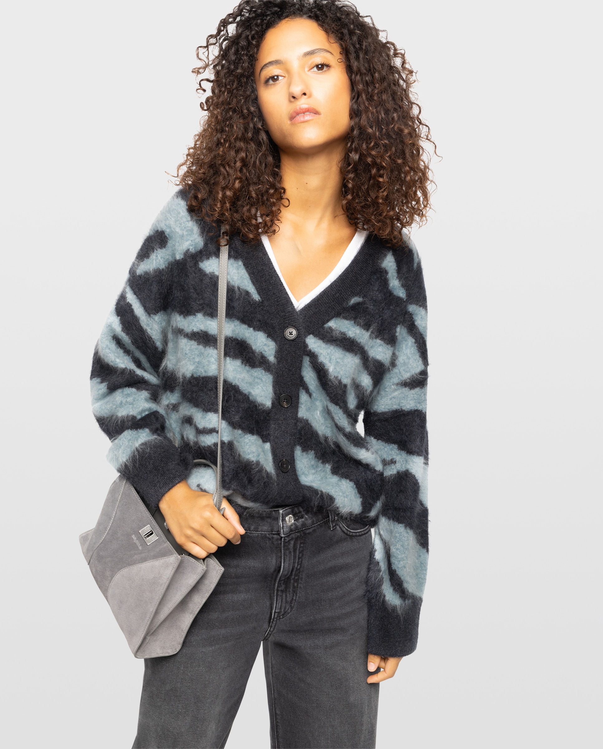 Imagen 1 de Cárdigan de mujer 100% cachemira con jacquard cebra Gris oscuro
