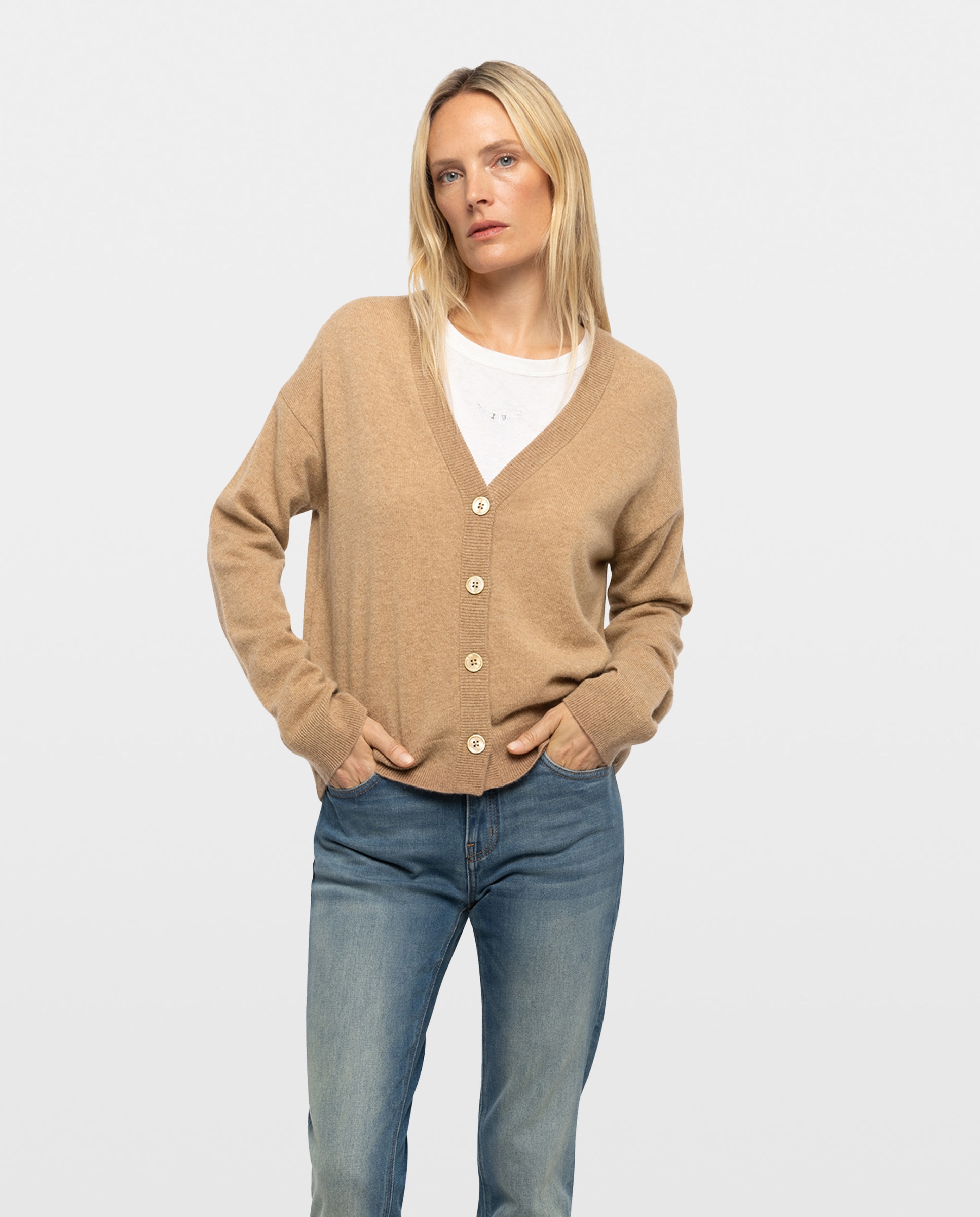 Cárdigan de mujer 100% cachemira con cuello de pico - Zadig & Voltaire - Camel Camel-1