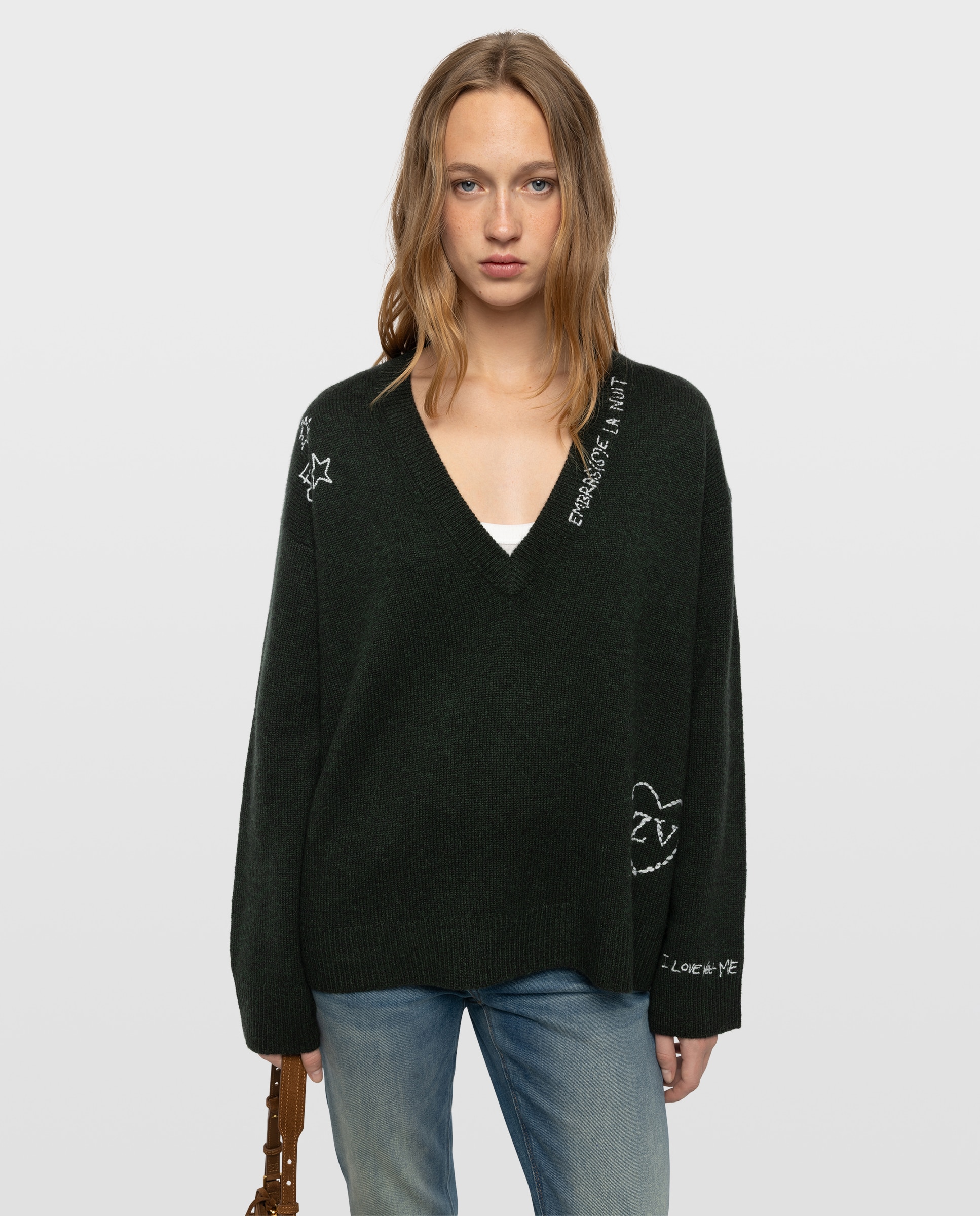 Jersey de mujer de cuello de pico, manga larga y 100% cachemira - Zadig & Voltaire - Verde oscuro Verde oscuro-1