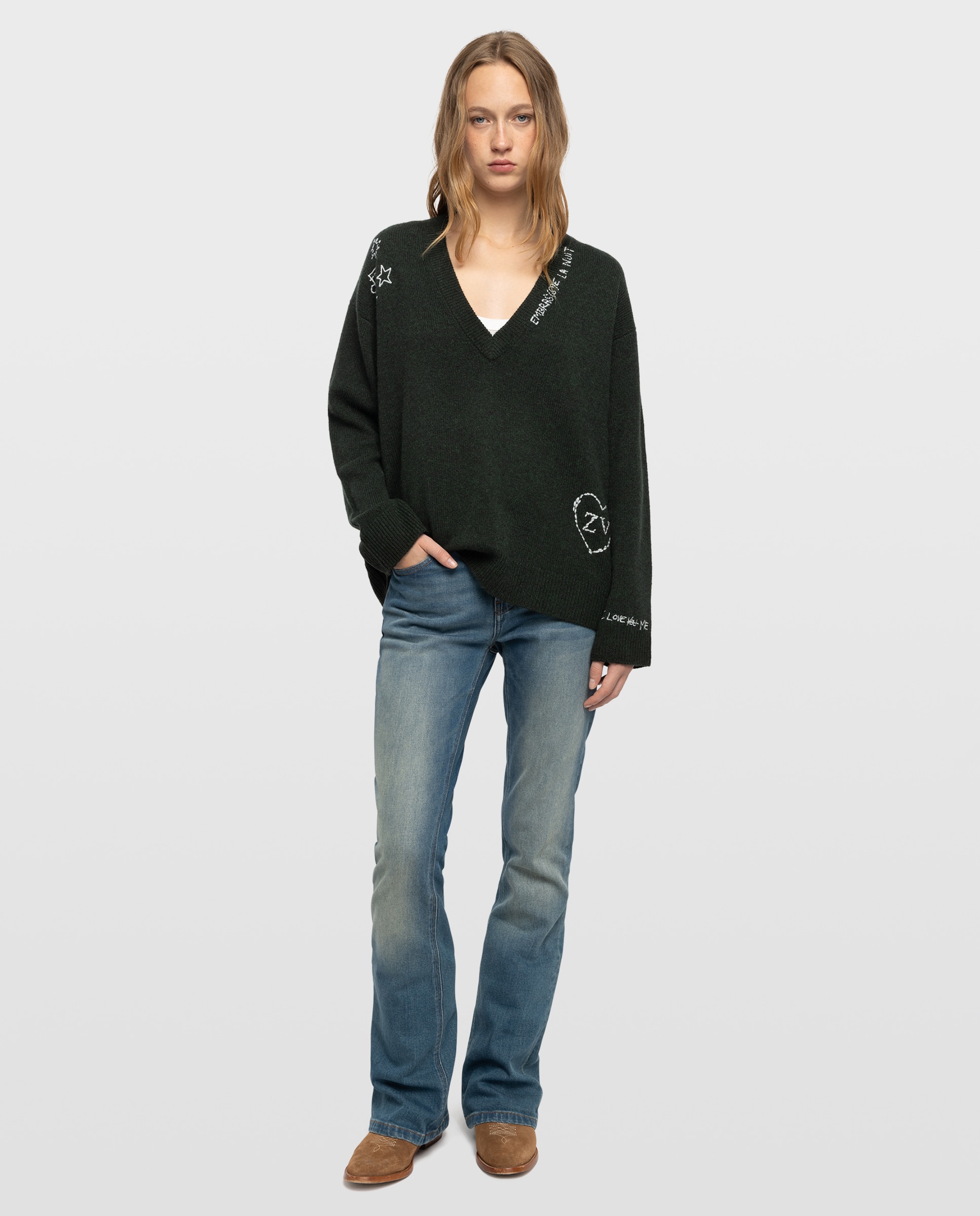 Jersey de mujer de cuello de pico, manga larga y 100% cachemira - Zadig & Voltaire - Verde oscuro Verde oscuro-3