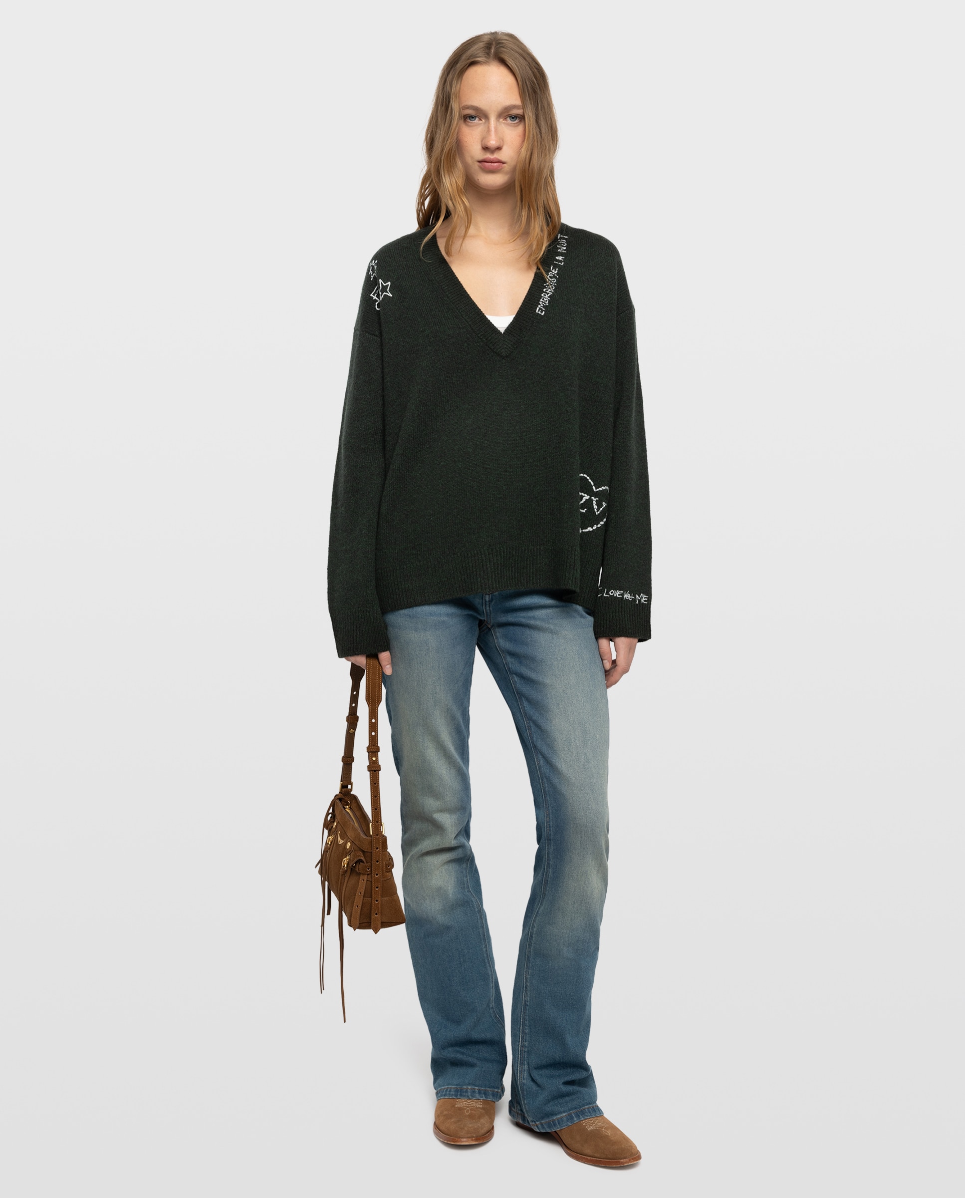 Jersey de mujer de cuello de pico, manga larga y 100% cachemira - Zadig & Voltaire - Verde oscuro Verde oscuro-4