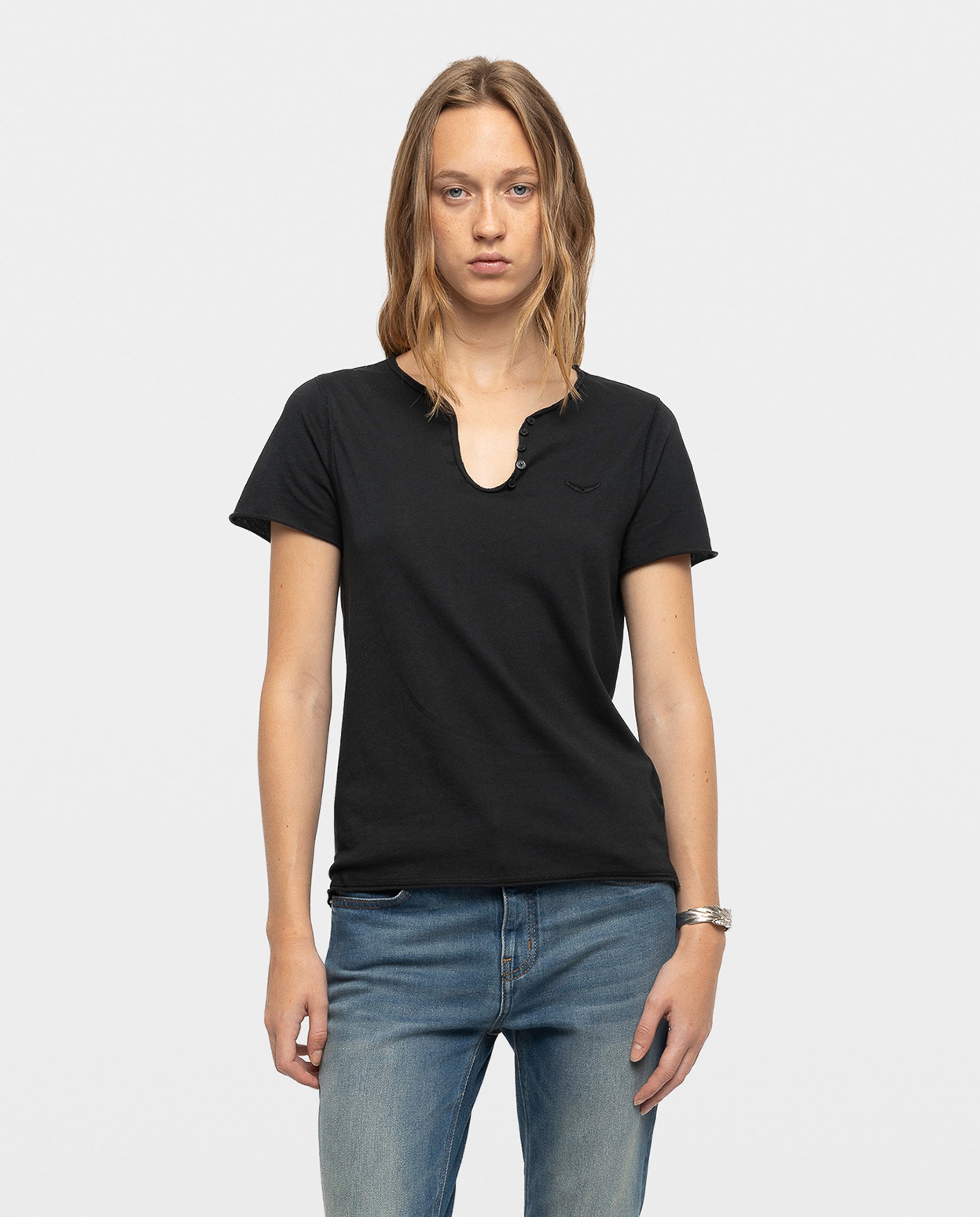 Camiseta tunecina de mujer de manga corta en algodón con diseño fishnet y strass - Zadig & Voltaire - Verde oscuro Verde oscuro-1