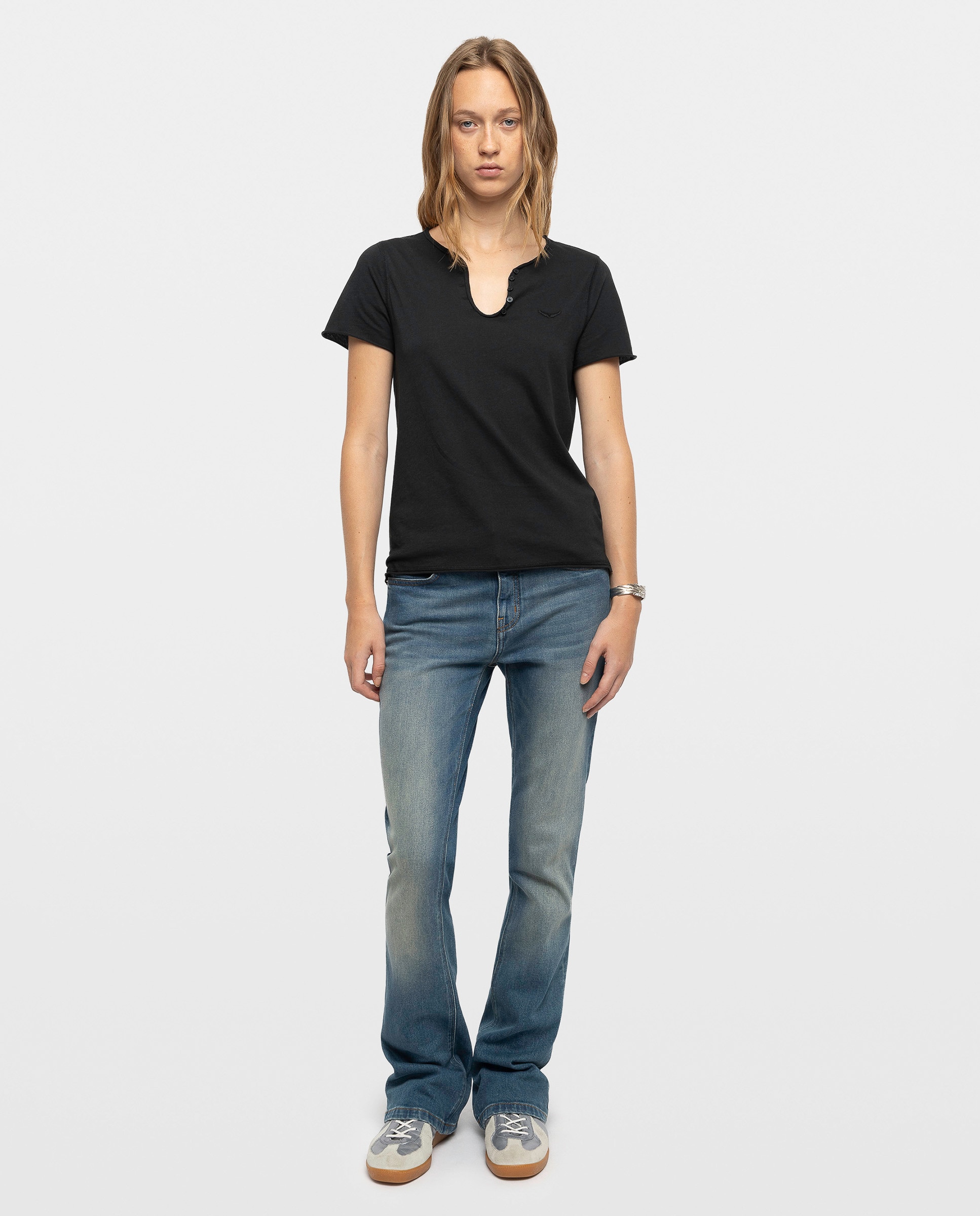 Camiseta tunecina de mujer de manga corta en algodón con diseño fishnet y strass - Zadig & Voltaire - Verde oscuro Verde oscuro-3