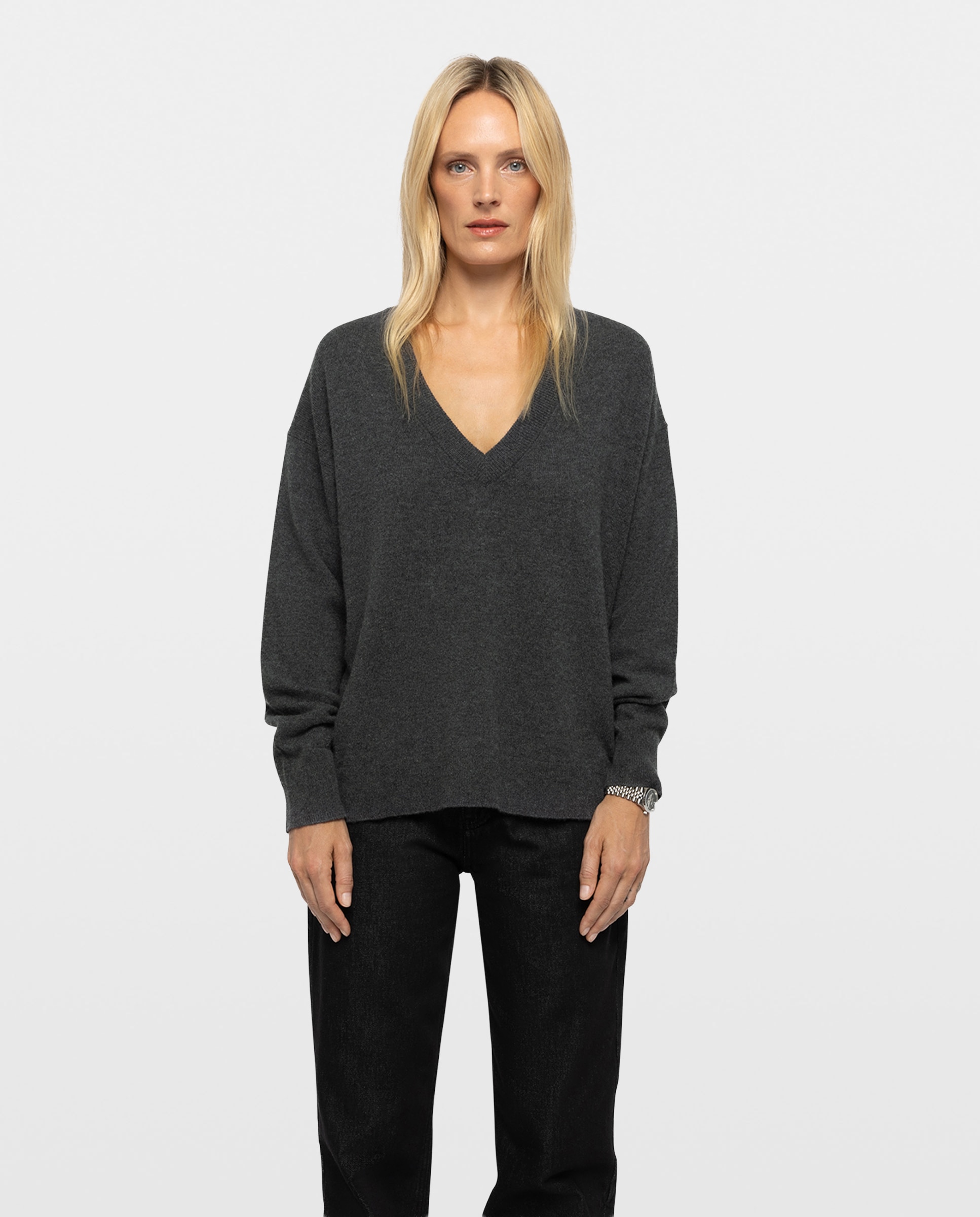 Imagen 1 de Cárdigan de punto de mujer 100% cachemira con bordado Gris oscuro