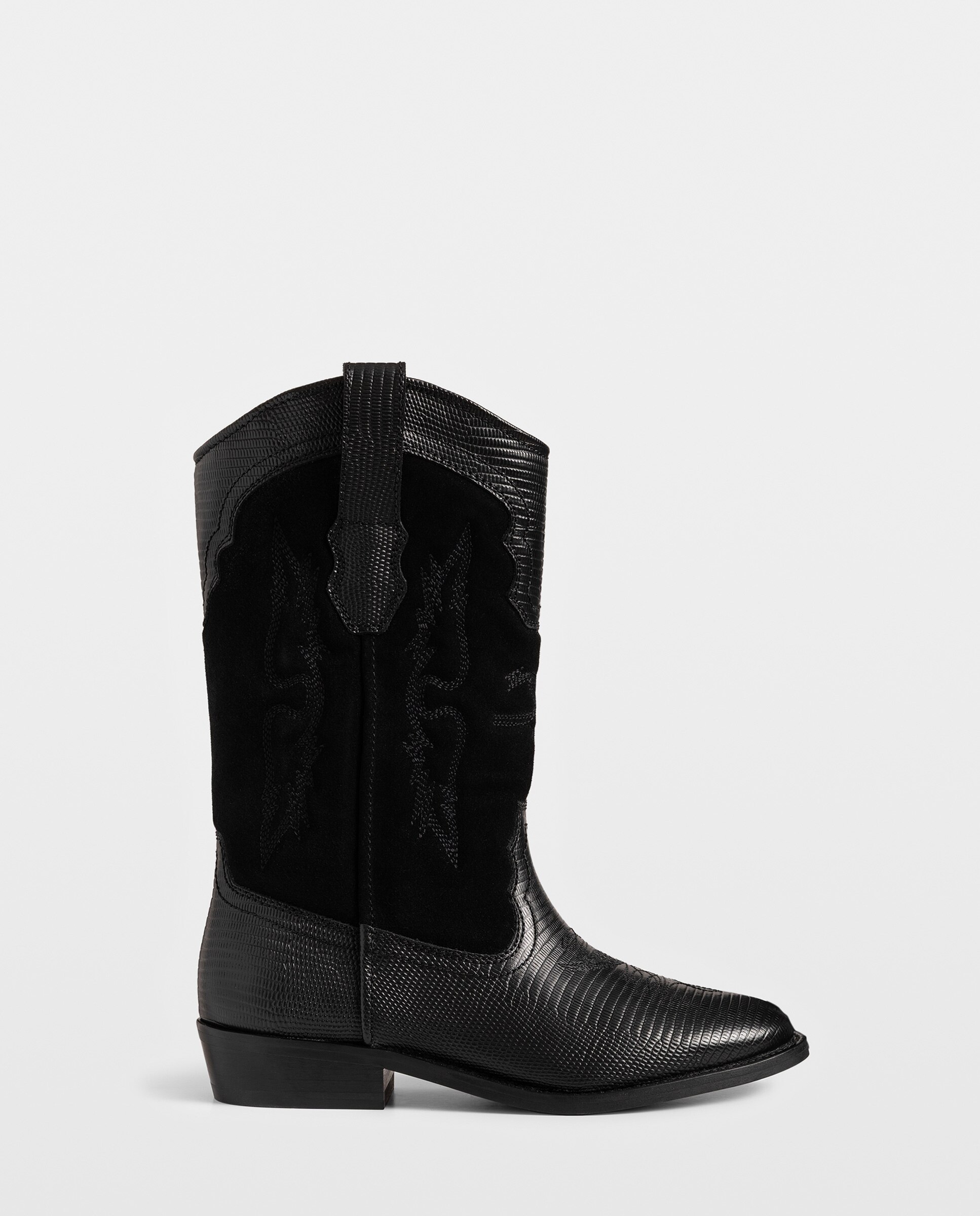 Imagen 0 de Botas cowboy de mujer de ante bordado y piel efecto reptil Negro