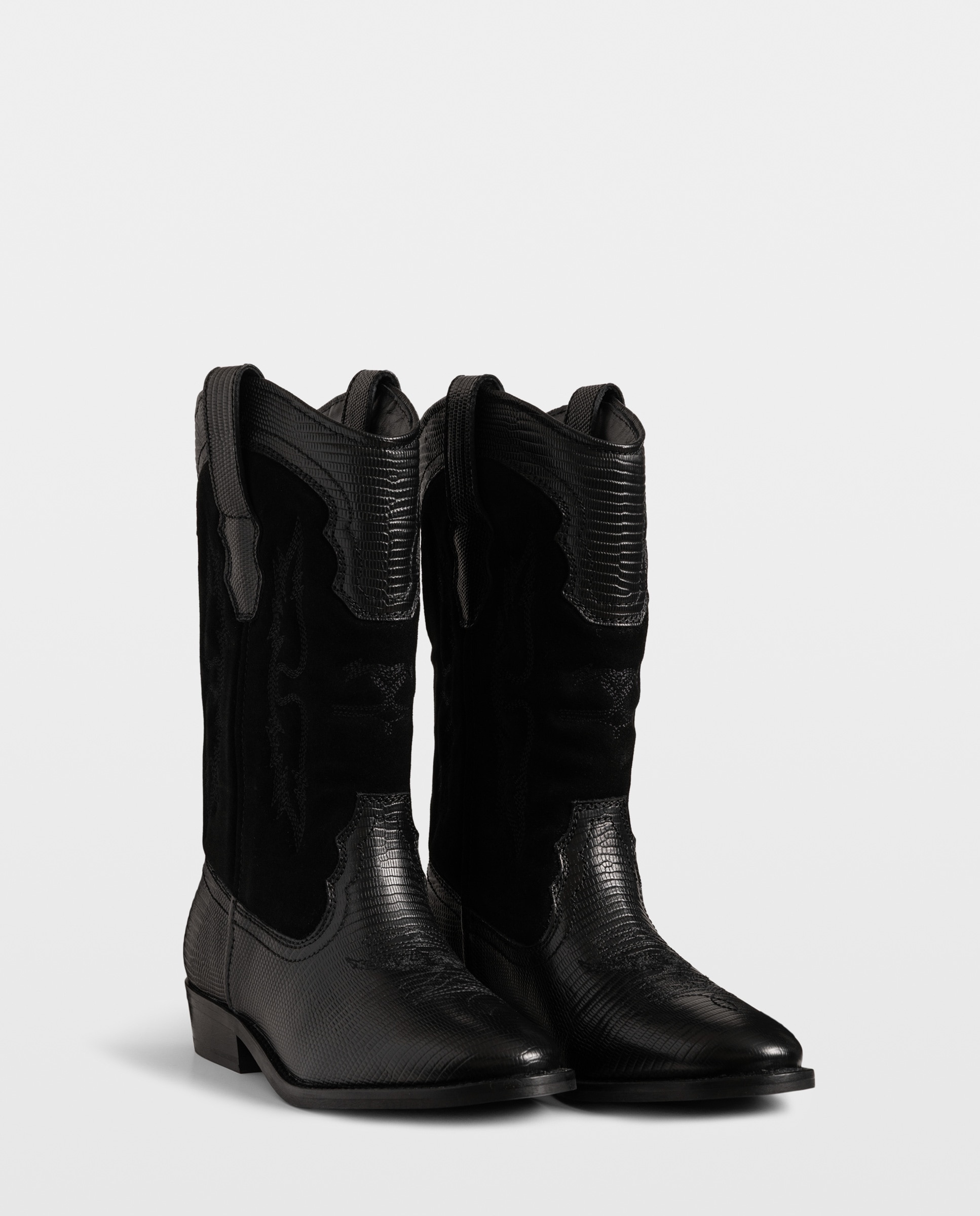 Botas cowboy de mujer de ante bordado y piel efecto reptil - Zadig & Voltaire - Negro Negro-5