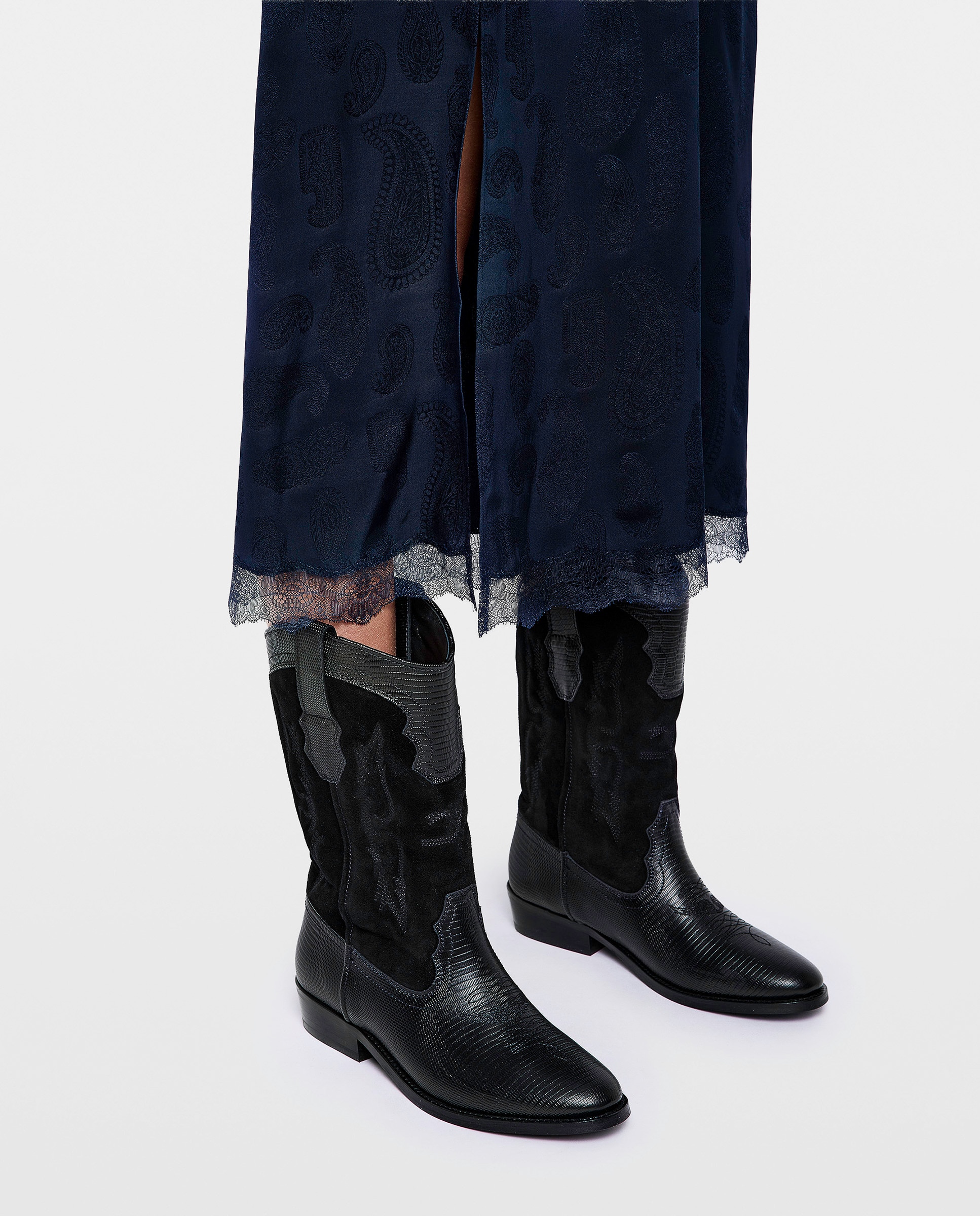 Botas cowboy de mujer de ante bordado y piel efecto reptil - Zadig & Voltaire - Negro Negro-2