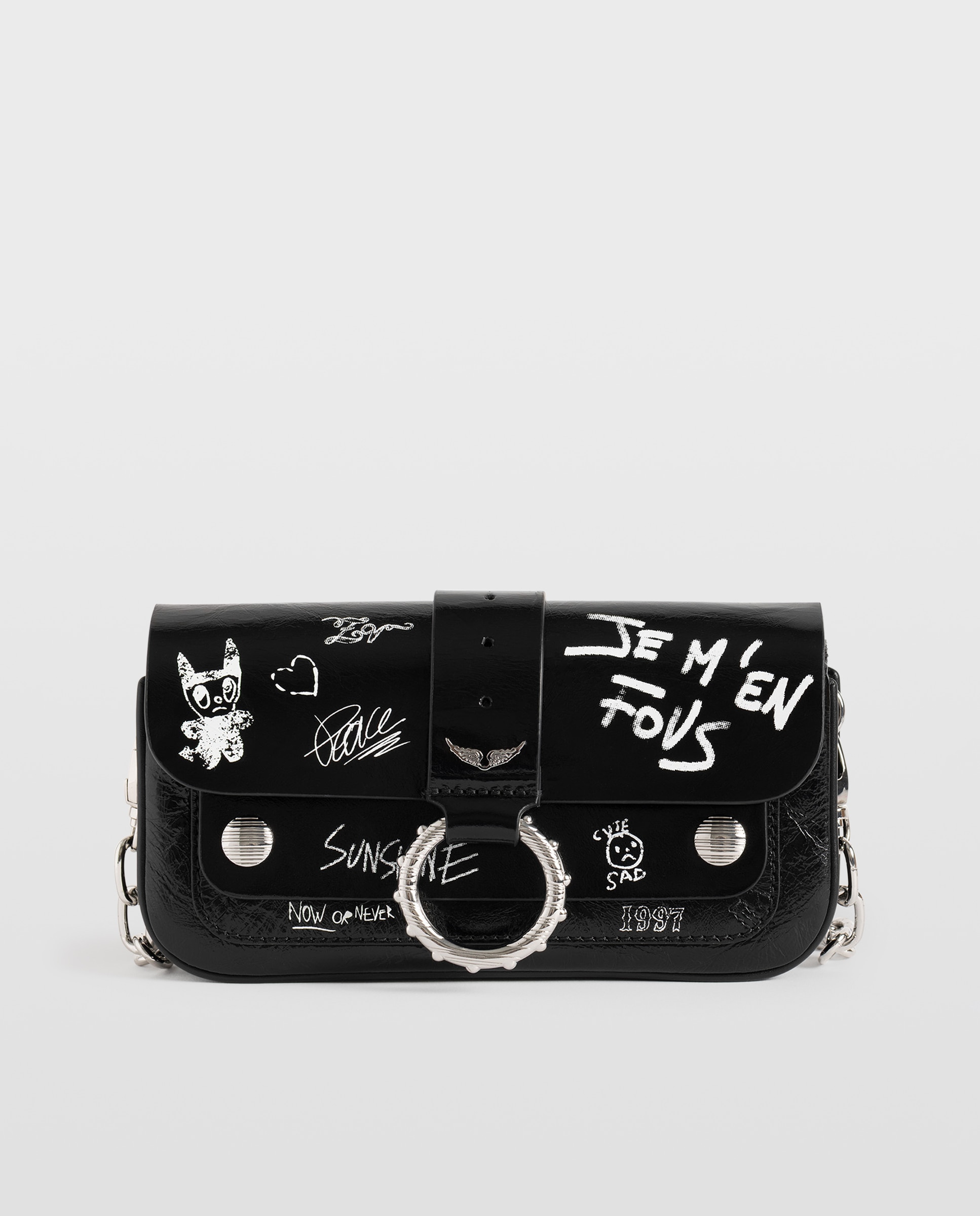 Bandolera mini de piel charol con estampado tattoo y efecto vintage - Zadig & Voltaire - Negro Negro-1