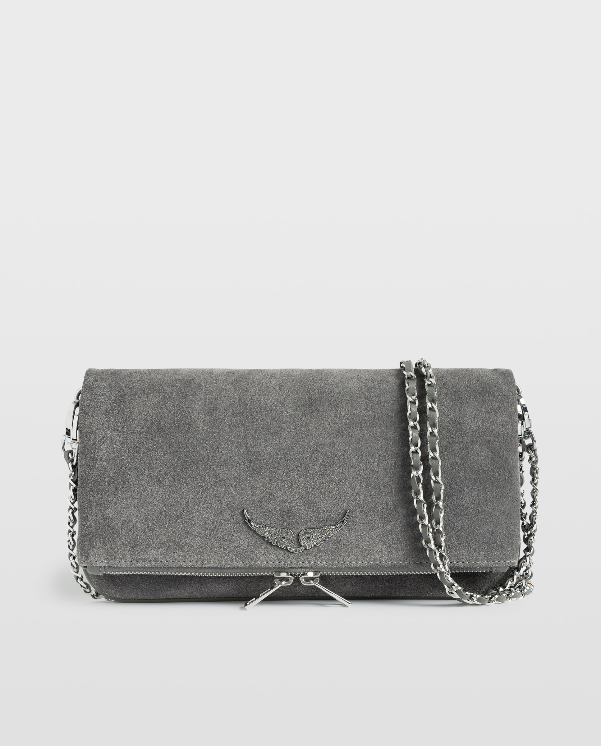 Bolso de mano de ante con doble cadena y alas de strass - Zadig & Voltaire - Gris Gris-1