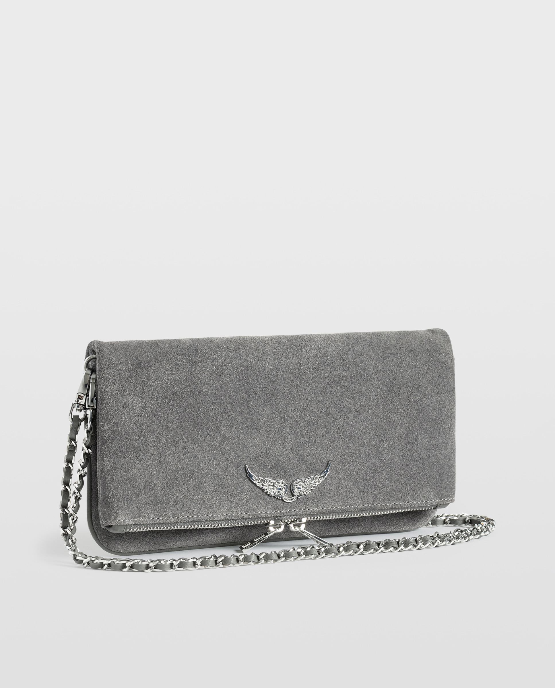 Bolso de mano de ante con doble cadena y alas de strass - Zadig & Voltaire - Gris Gris-3
