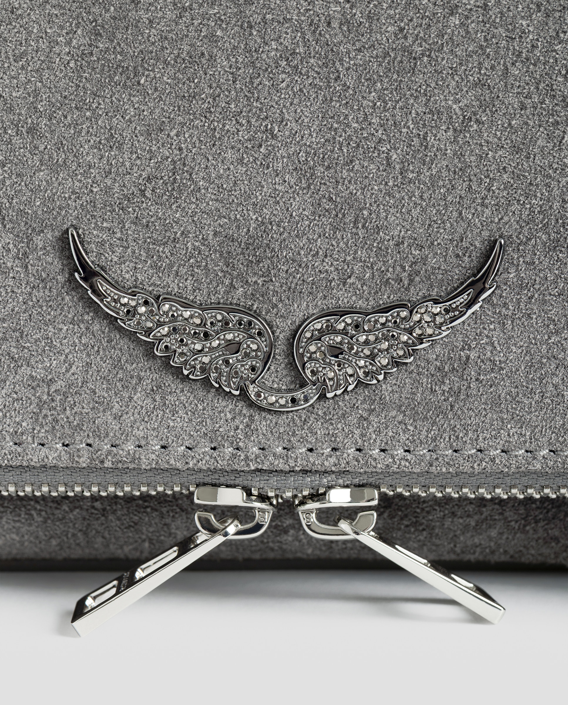 Bolso de mano de ante con doble cadena y alas de strass - Zadig & Voltaire - Gris Gris-6