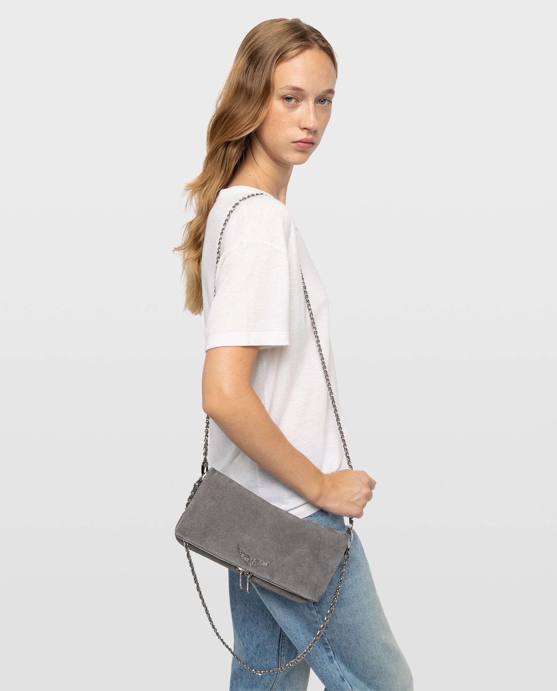 Bolso de mano de ante con doble cadena y alas de strass - Zadig & Voltaire - Gris Gris-2
