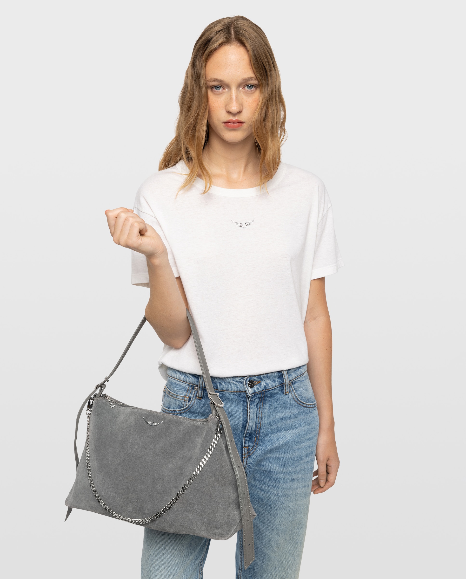 Bolso de hombro de ante flexible con alas - Zadig & Voltaire - Gris Gris-2