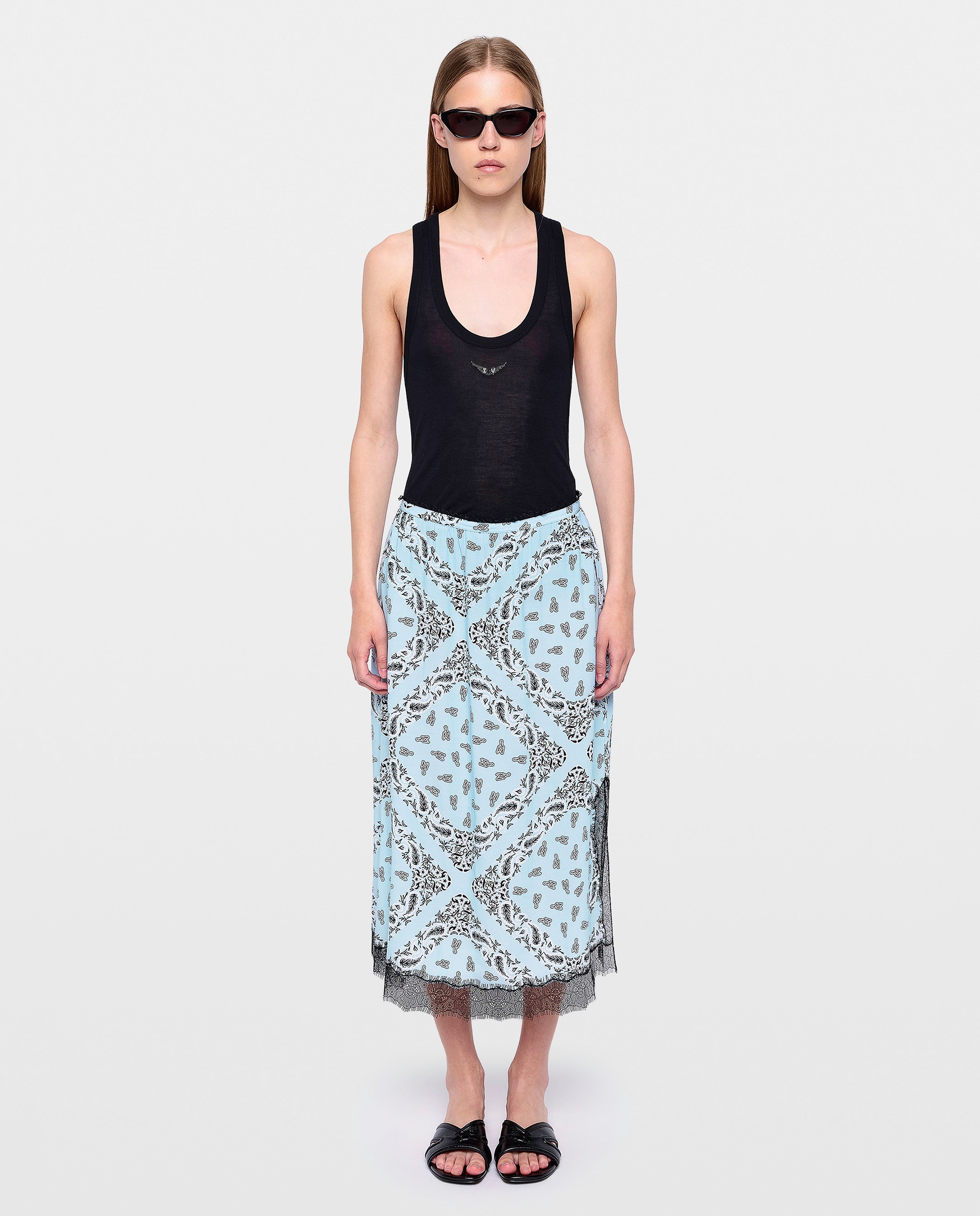 Zadig & Voltaire - Falda midi lencera estampada de viscosa con encaje.