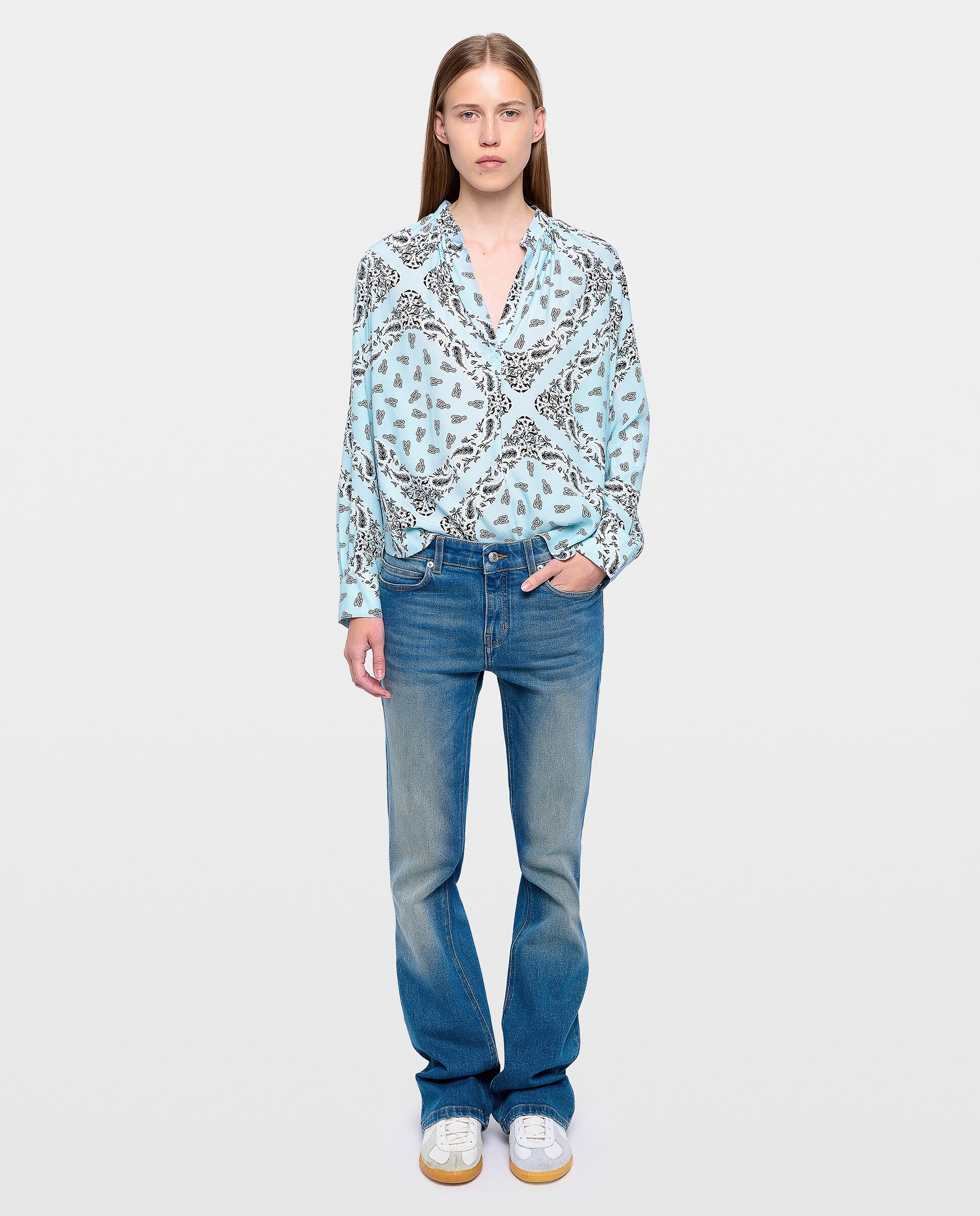 Camisa de mujer estampada de viscosa con mangas largas y escote en v - Zadig & Voltaire - Azul claro Azul claro-3