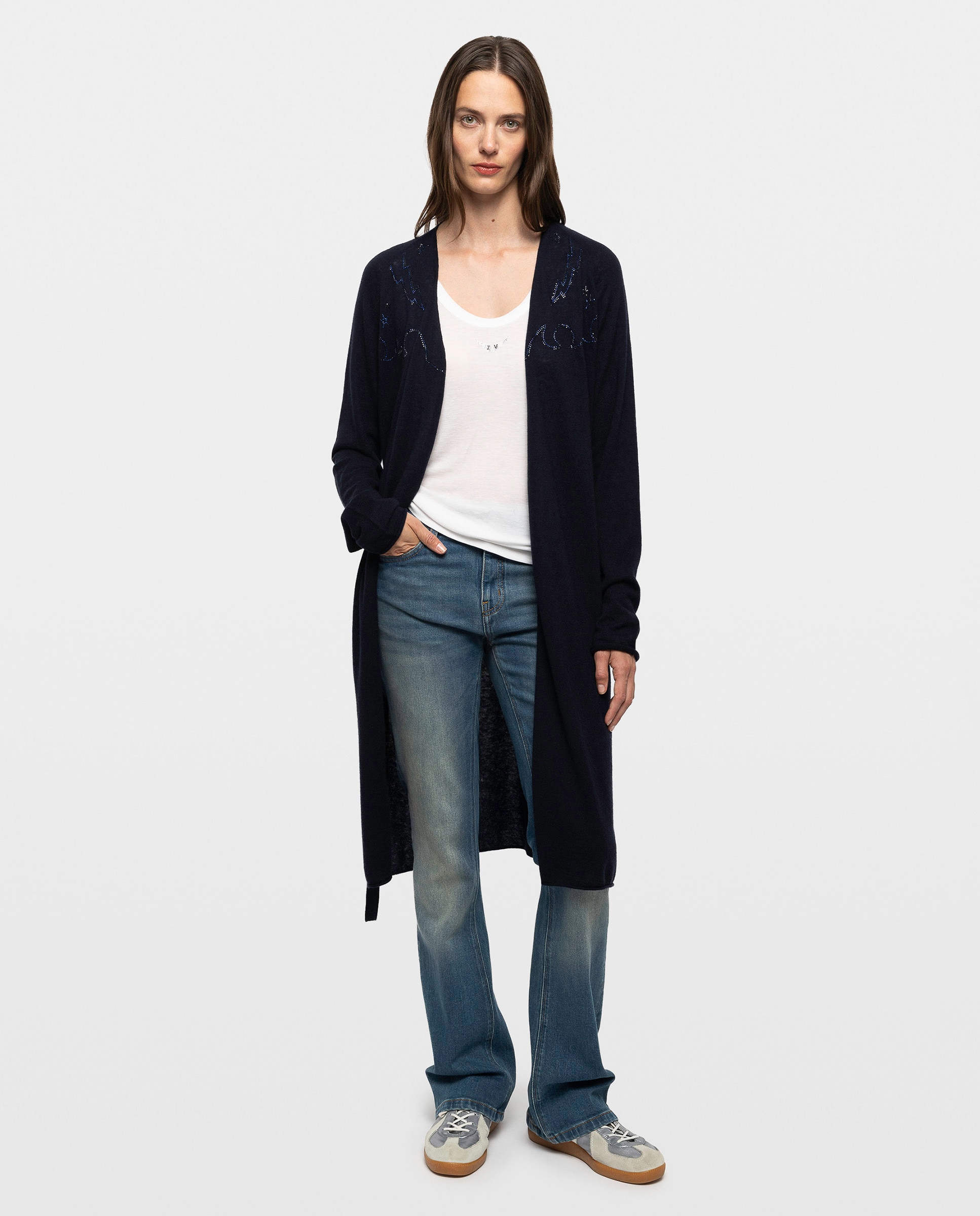 Cárdigan de punto de mujer 100% cachemira pluma largo con strass integral y mangas cortas - Zadig & Voltaire - Azul marino Azul marino-1