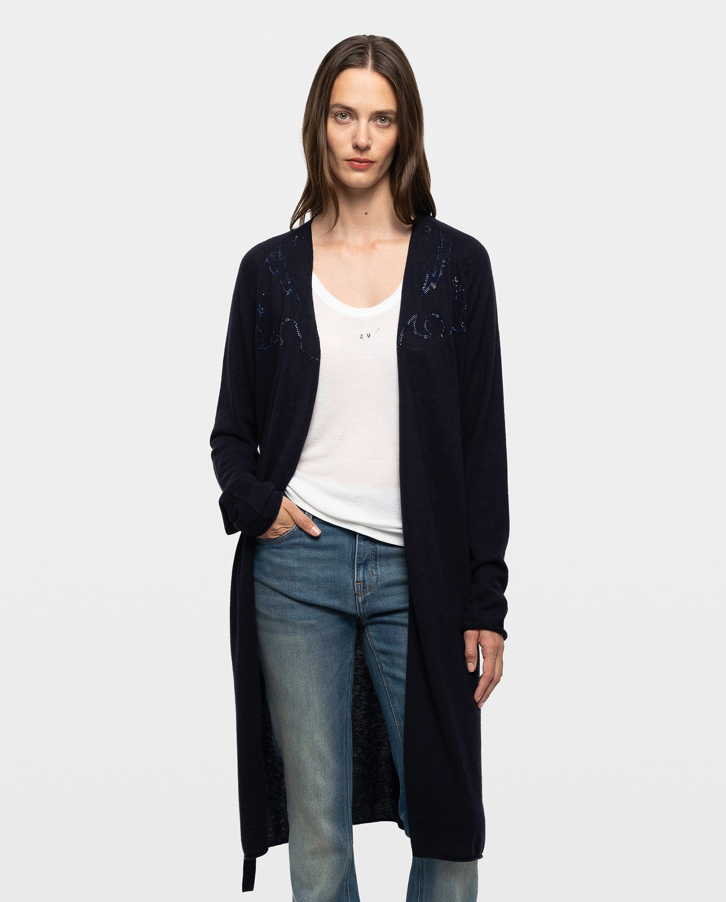 Cárdigan de punto de mujer 100% cachemira pluma largo con strass integral y mangas cortas - Zadig & Voltaire - Azul marino Azul marino-4