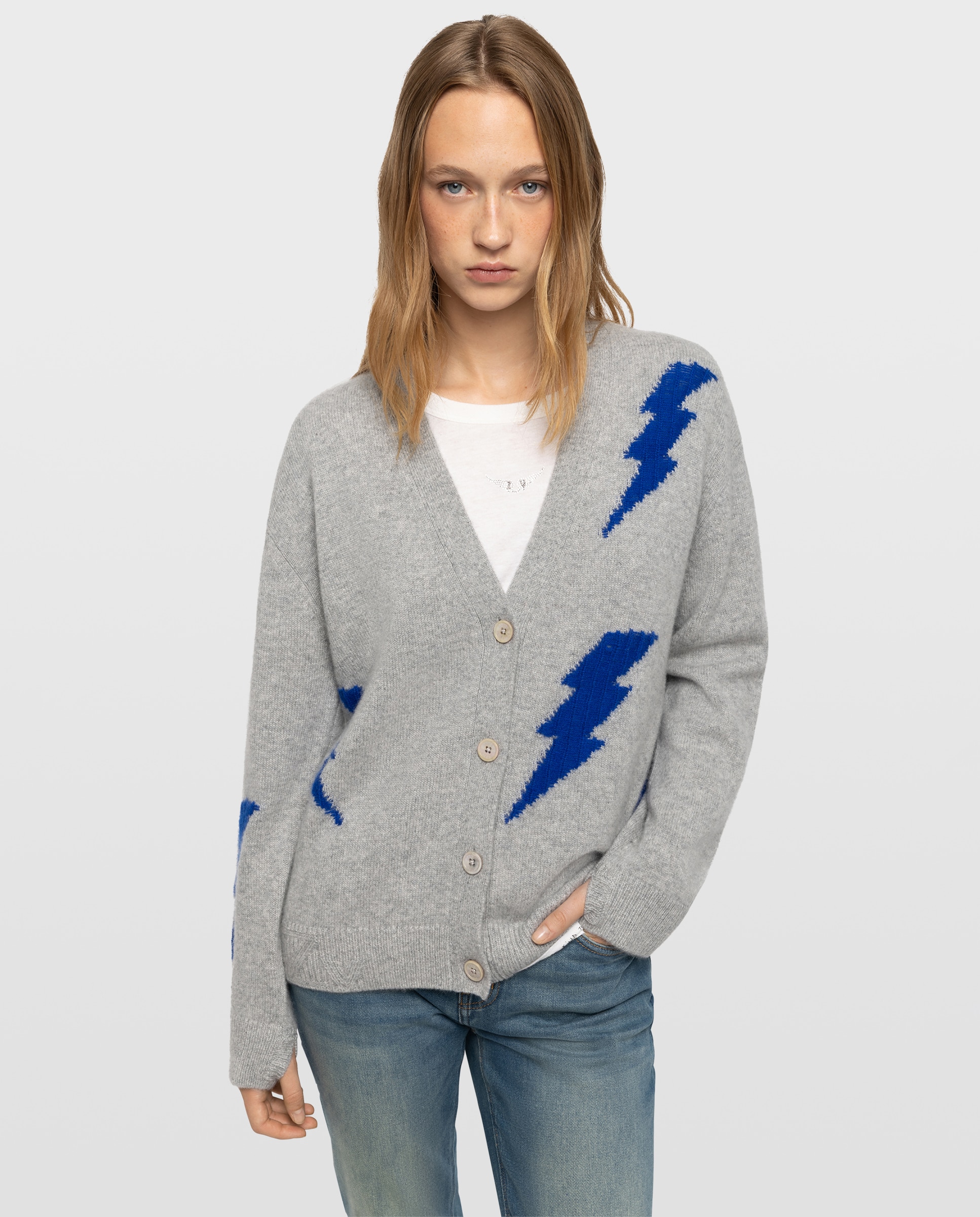 Imagen 1 de Cárdigan de mujer 100% cachemira, manga larga y cuello de pico Gris claro