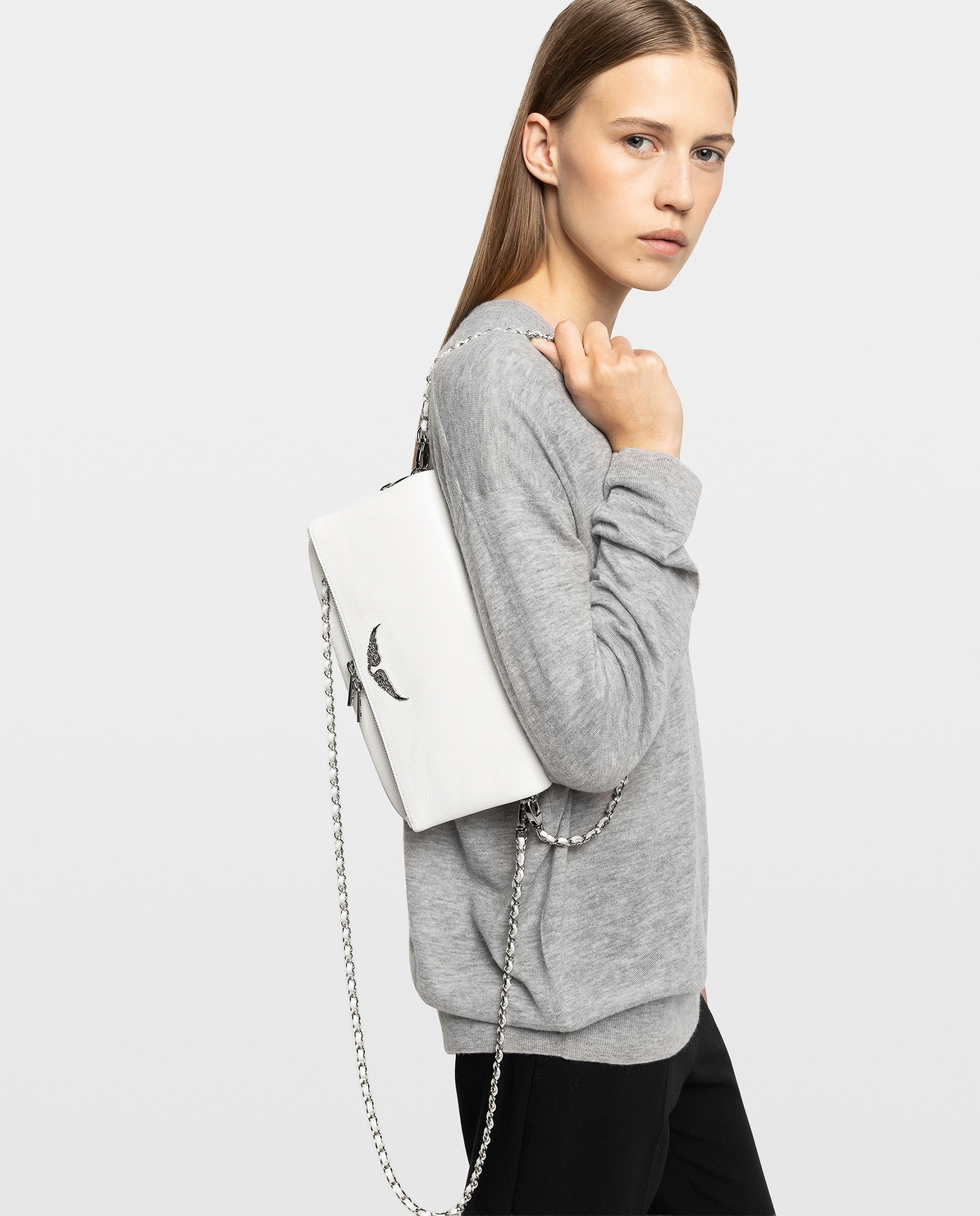 Bolso de mano rock de cuero granulado con doble cadena y strass - Zadig & Voltaire - Blanco Blanco-2