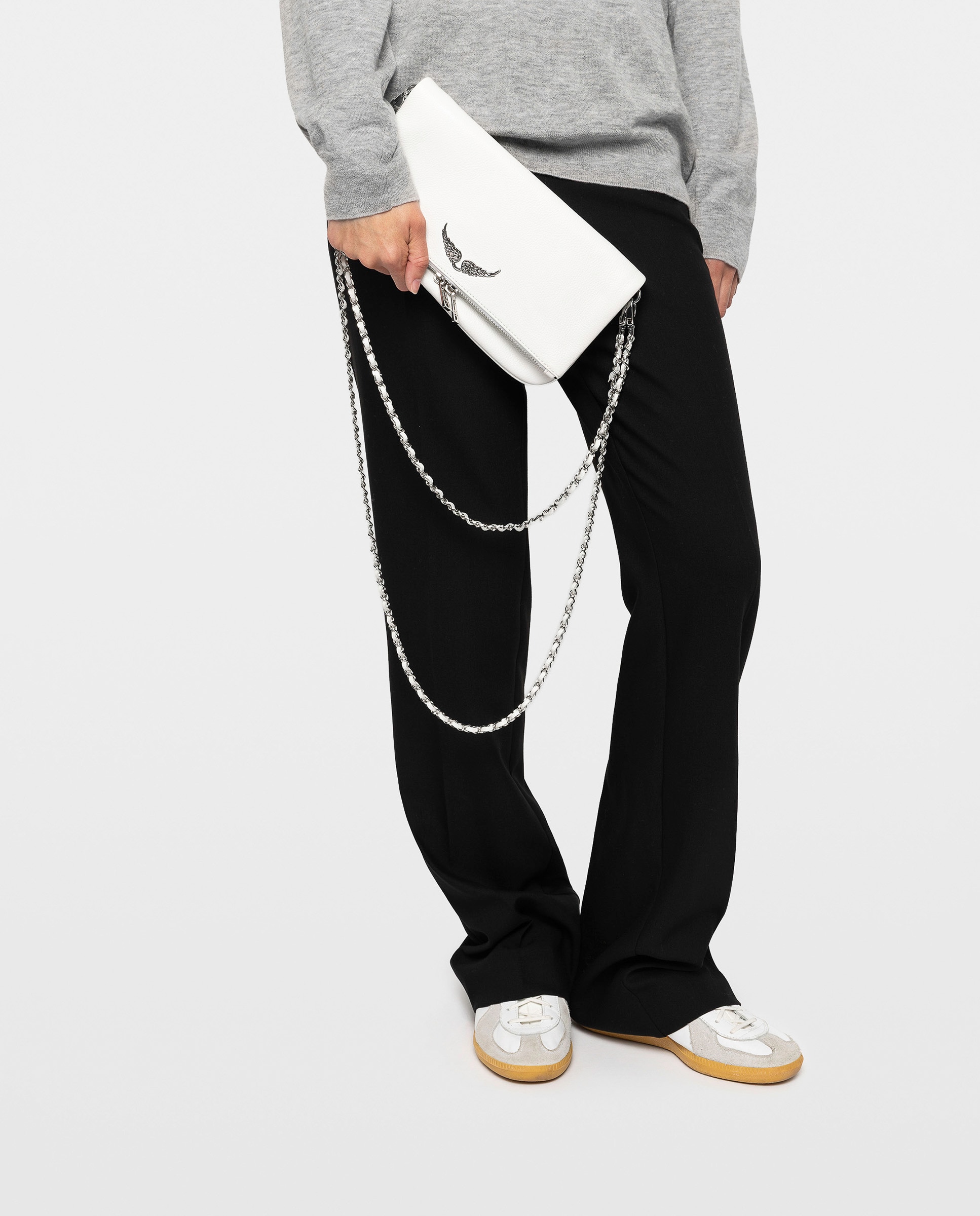 Bolso de mano rock de cuero granulado con doble cadena y strass - Zadig & Voltaire - Blanco Blanco-3