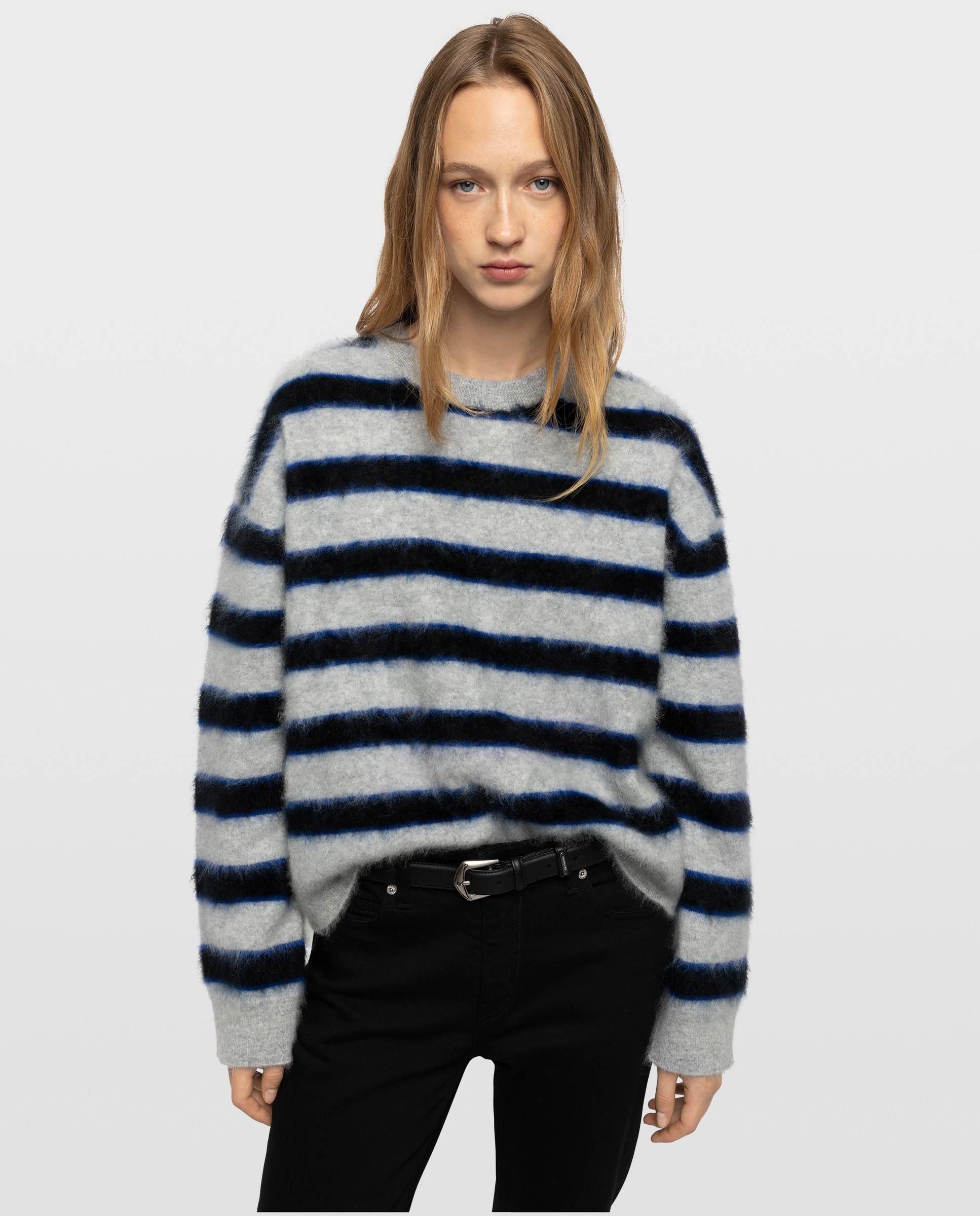 Jersey de mujer 100% cachemira cepillada con cuello redondo y rayas - Zadig & Voltaire - Gris claro Gris claro-1