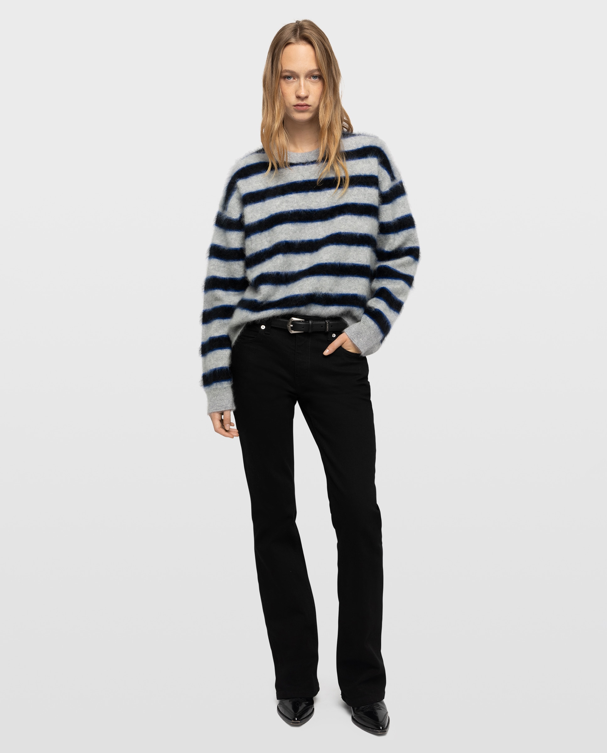 Jersey de mujer 100% cachemira cepillada con cuello redondo y rayas - Zadig & Voltaire - Gris claro Gris claro-3