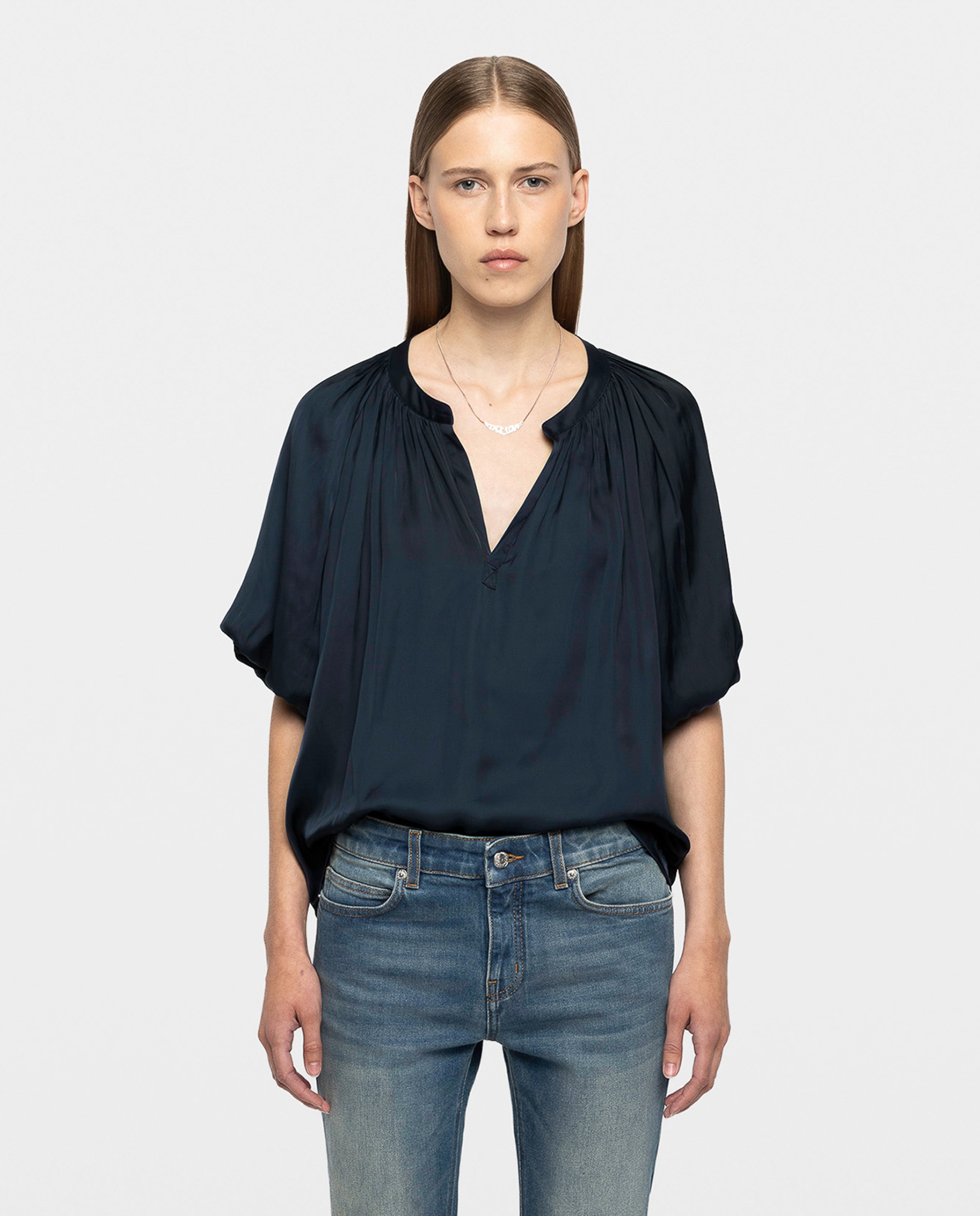 Blusa de mujer de satén con mangas abullonadas - Zadig & Voltaire - Azul marino Azul marino-1