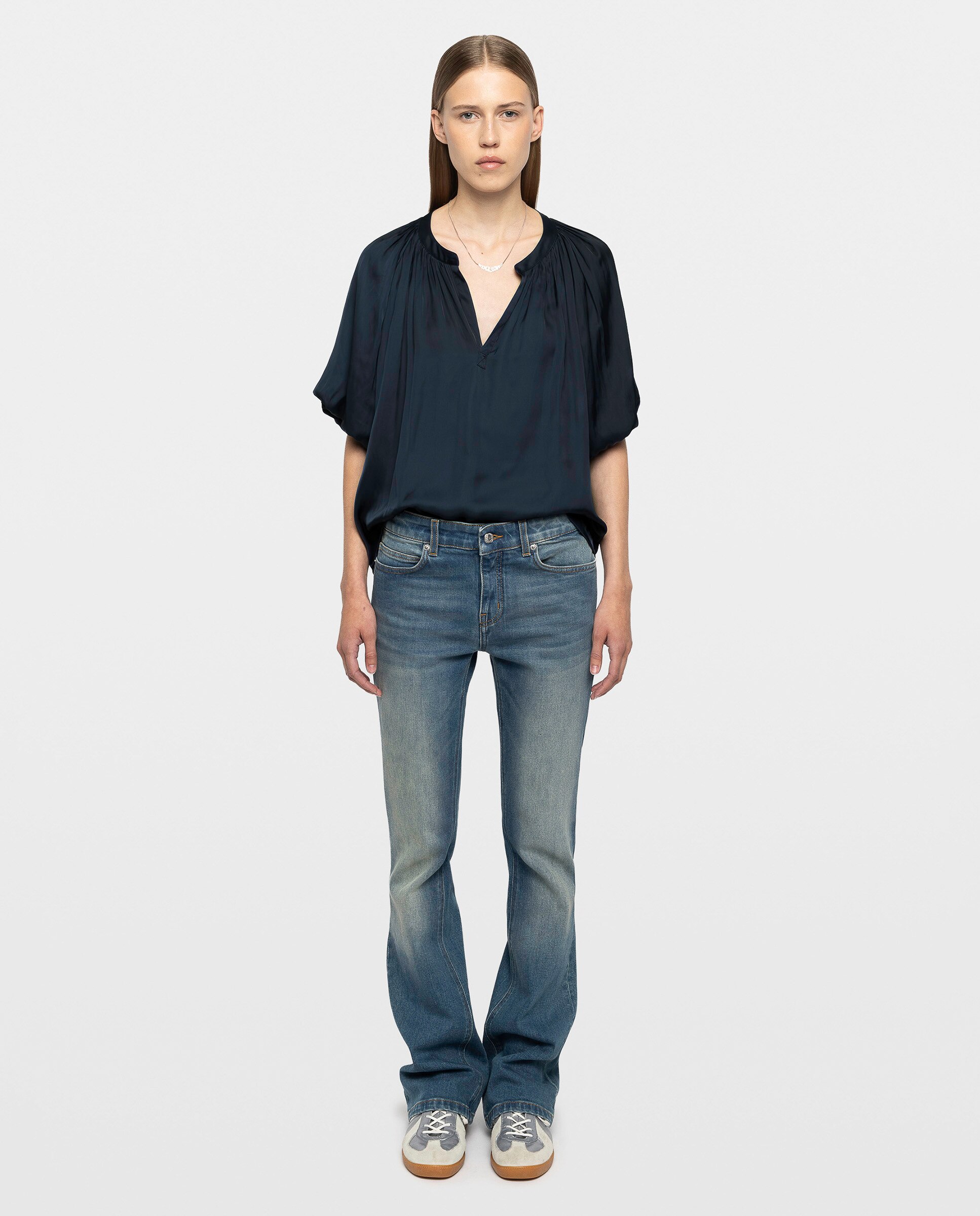 Blusa de mujer de satén con mangas abullonadas - Zadig & Voltaire - Azul marino Azul marino-3