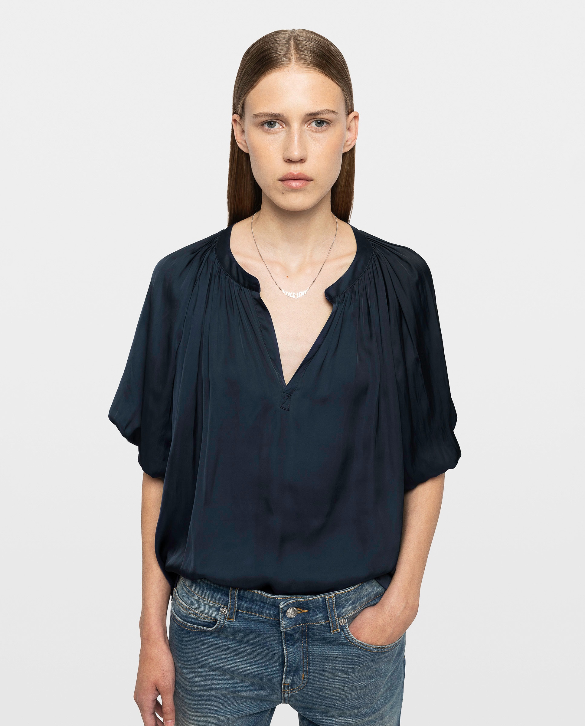 Blusa de mujer de satén con mangas abullonadas - Zadig & Voltaire - Azul marino Azul marino-4
