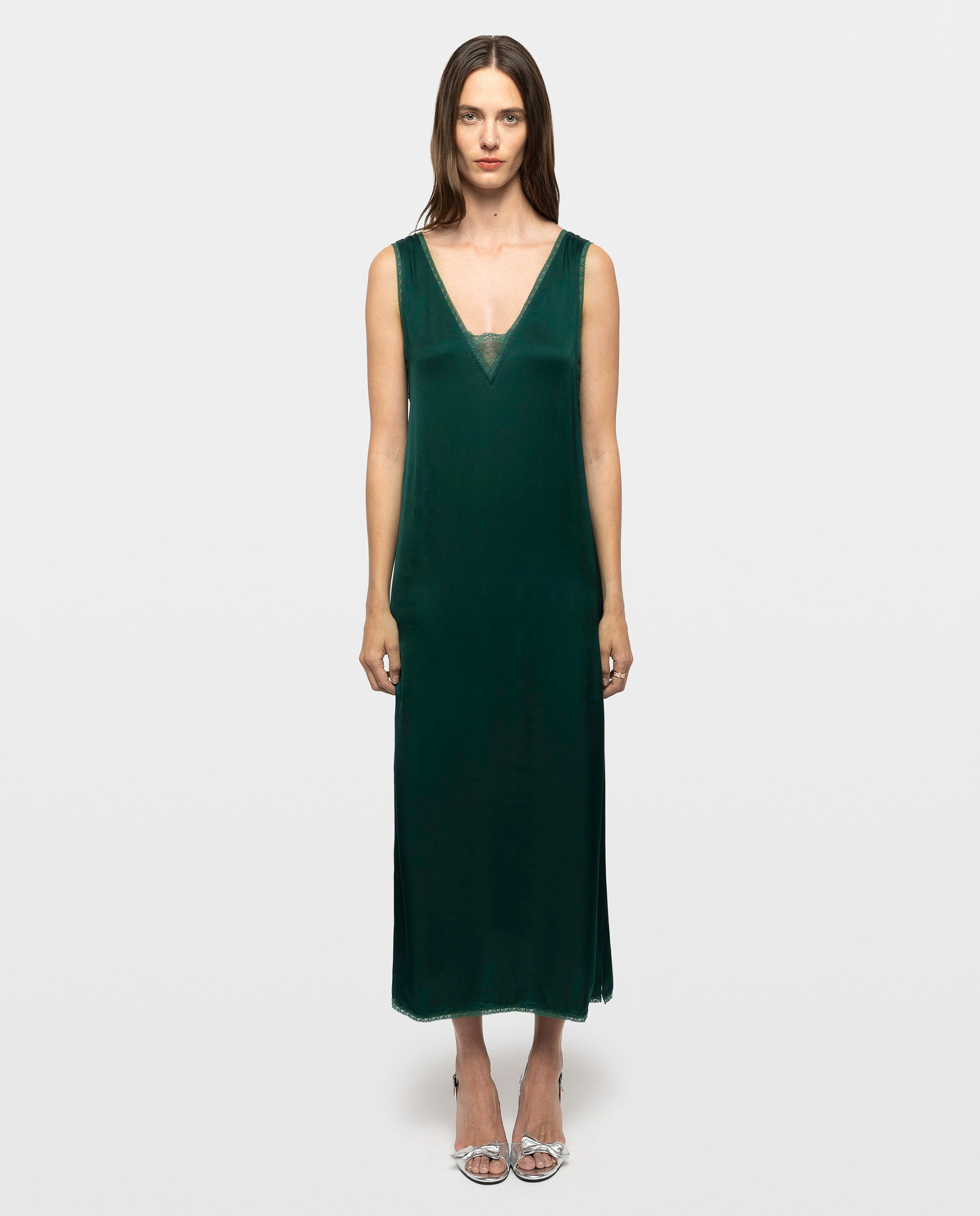 Vestido midi sin mangas satinado con encaje - Zadig & Voltaire - Verde Verde-1