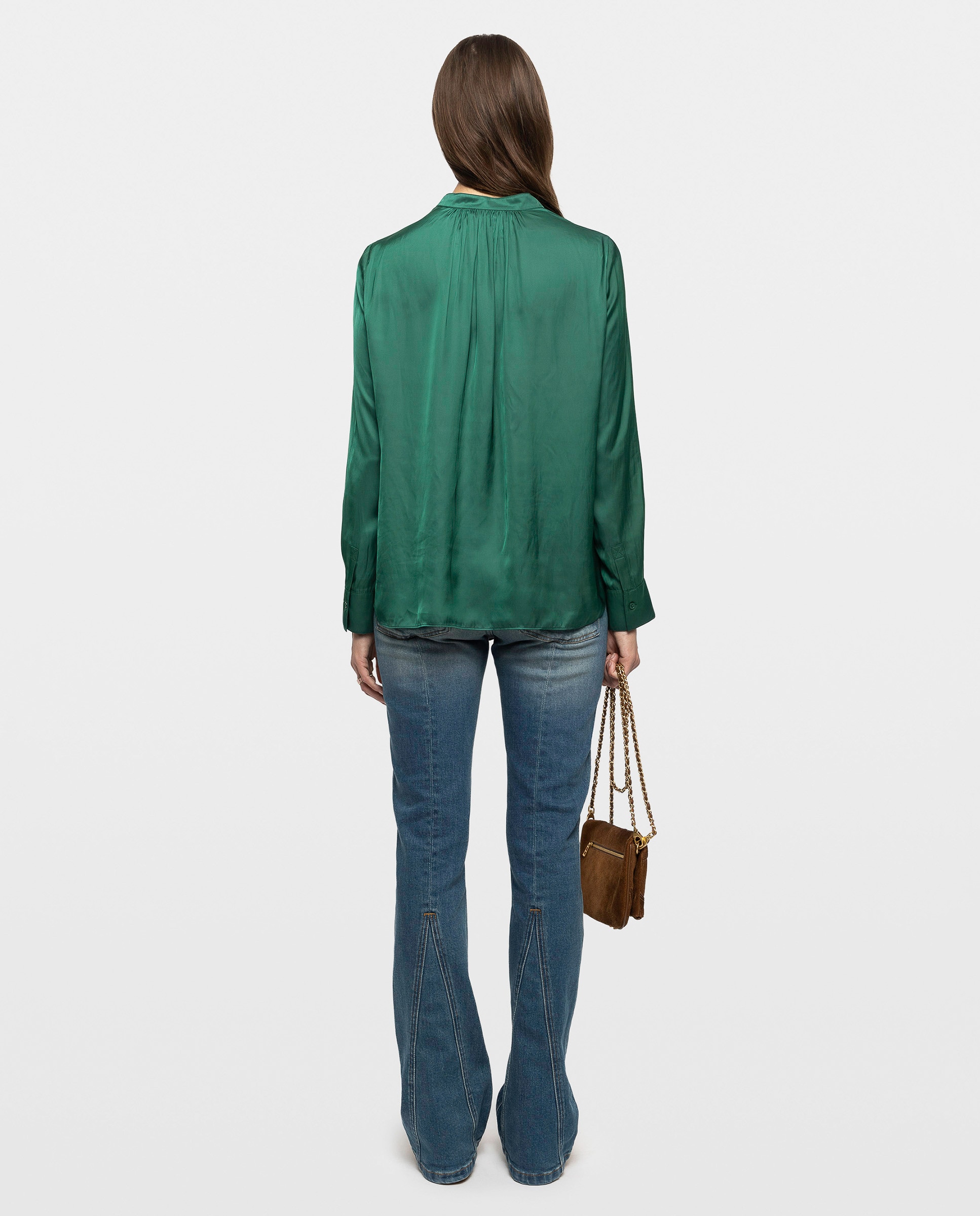Blusa de mujer Tink satinada con escote de pico - Verde Verde-2