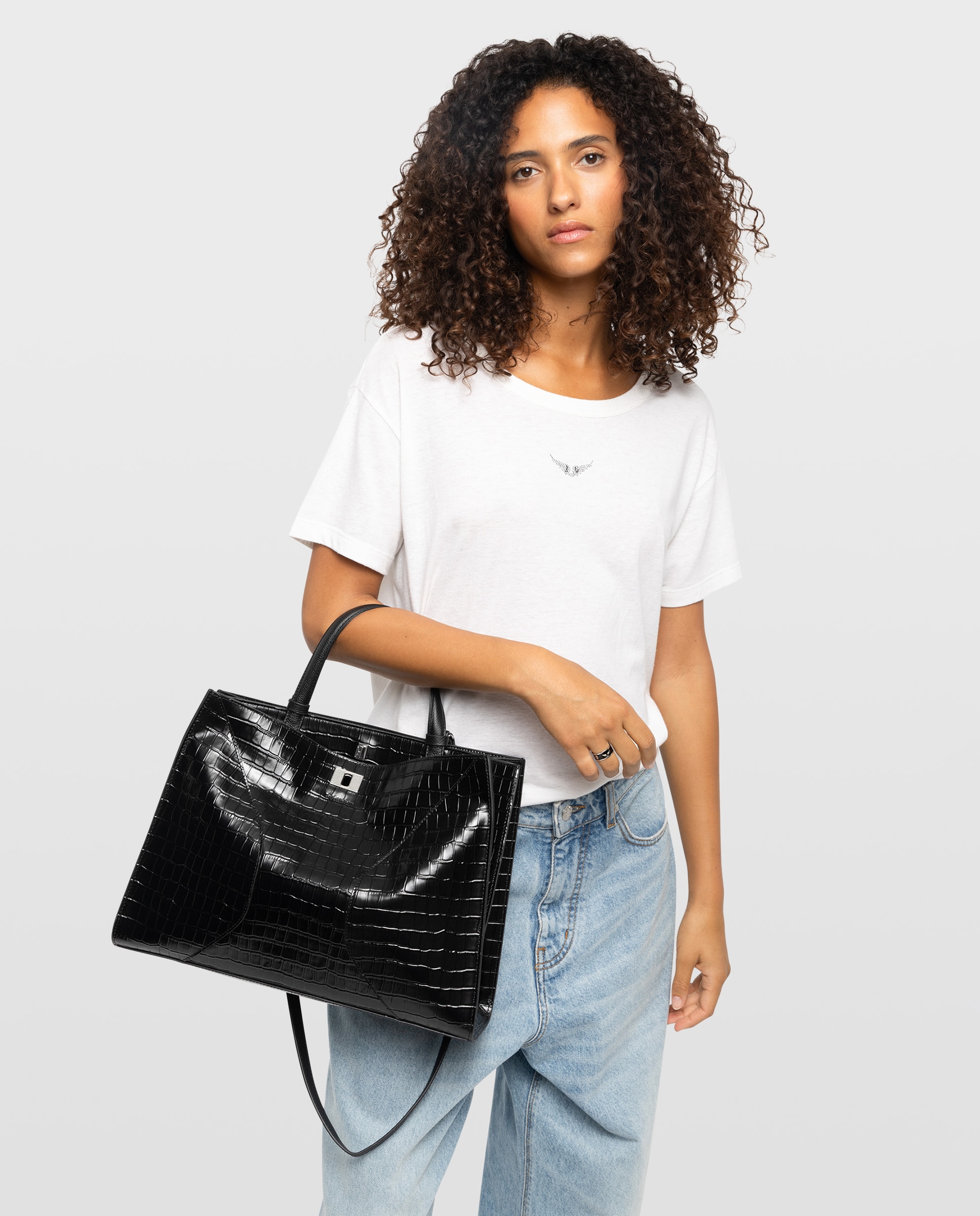 Bolso de mano de piel efecto cocodrilo con cierre, correa ajustable y dos compartimentos - Zadig & Voltaire - Negro Negro-3