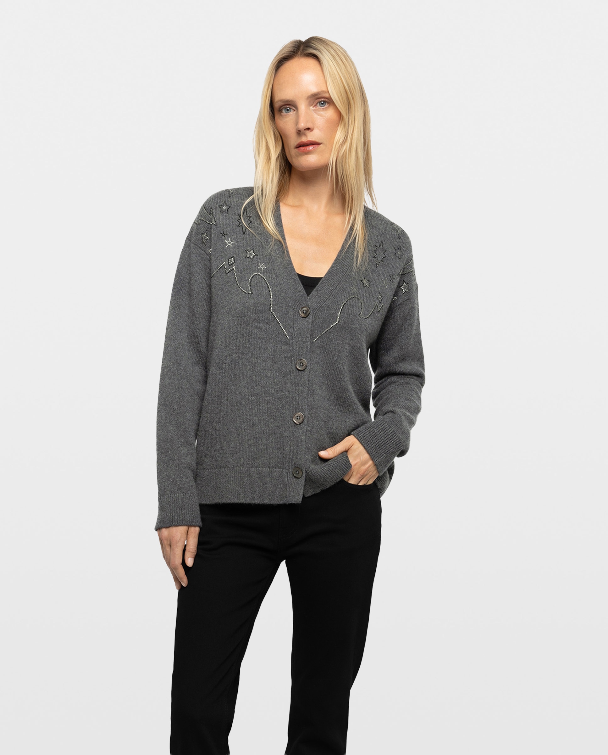 Cárdigan de mujer 100% cachemira de manga larga con strass - Zadig & Voltaire - Gris oscuro Gris oscuro-1