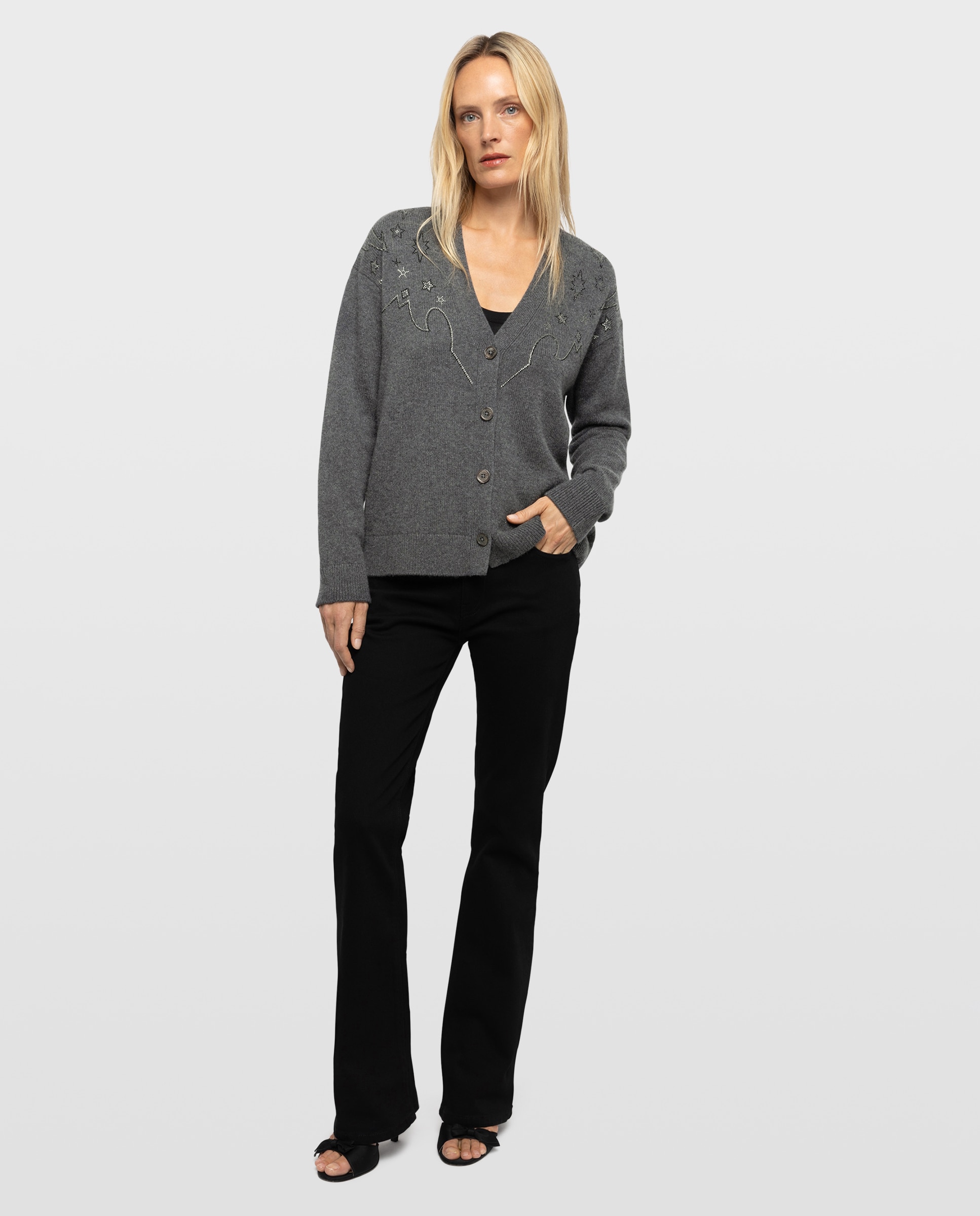 Cárdigan de mujer 100% cachemira de manga larga con strass - Zadig & Voltaire - Gris oscuro Gris oscuro-3