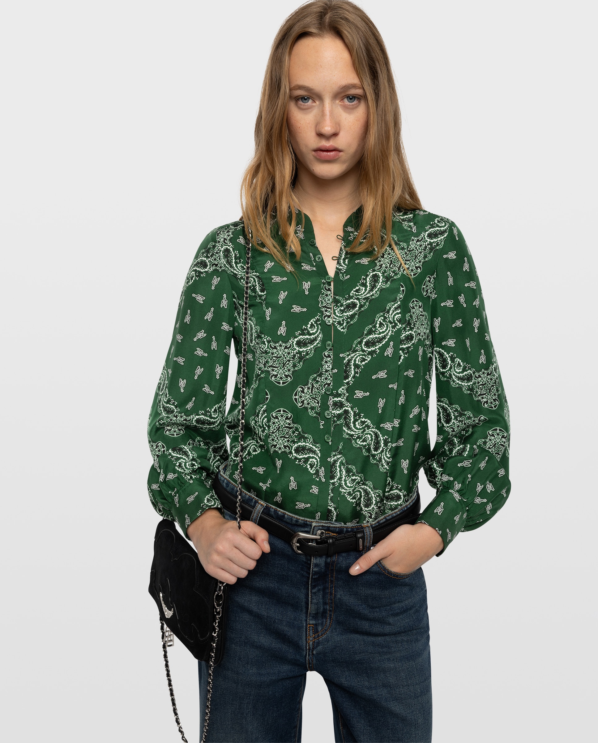 Imagen 0 de Camisa de mujer estampada 100% seda de manga larga Verde