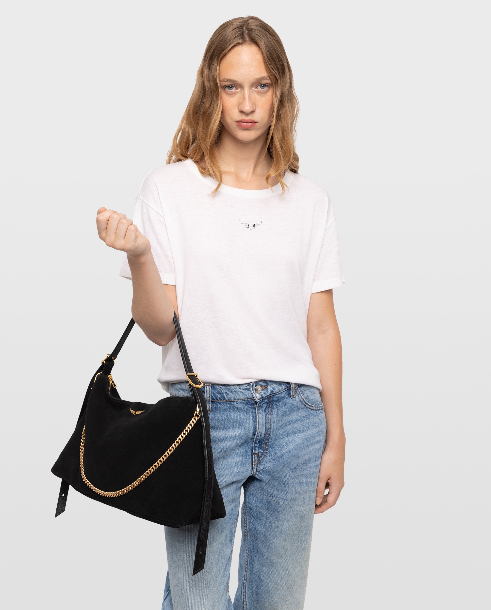 Bolso de hombro jim de ante flexible con cadena - Zadig & Voltaire - Negro / Natural Negro / Natural-3