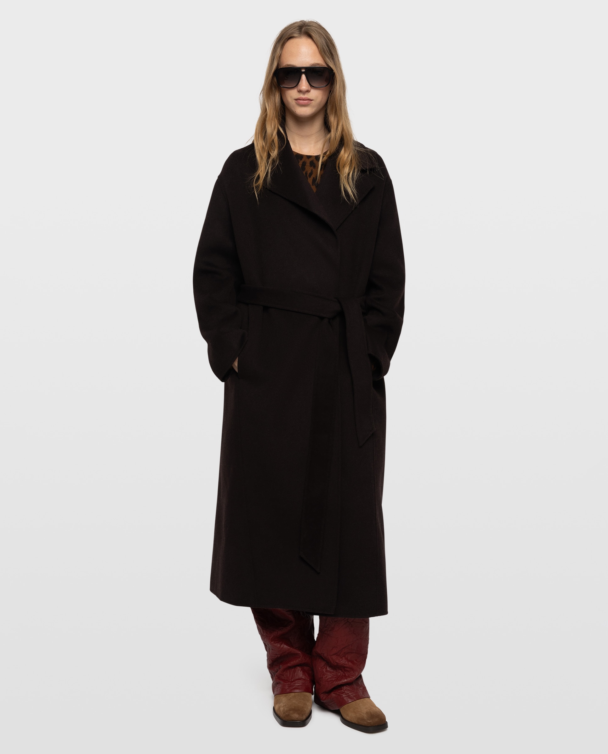 Abrigo de mujer de paño largo estilo bata doble faz con cinturón - Zadig & Voltaire - Marrón Marrón-1